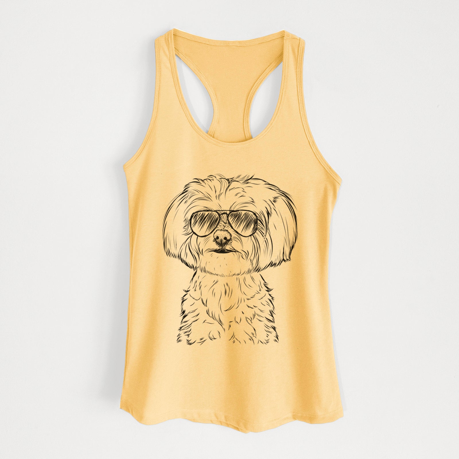 Hand-drawn sketch of Willow the Maltese wearing aviator sunglasses on a Banana Cream Women's racerback tanktop