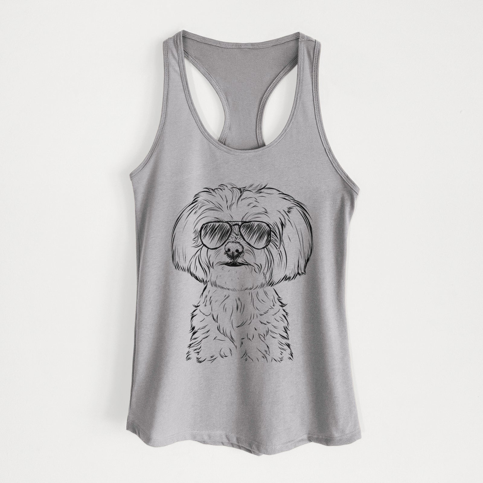 Hand-drawn sketch of Willow the Maltese wearing aviator sunglasses on a Heather Grey Women's racerback tanktop