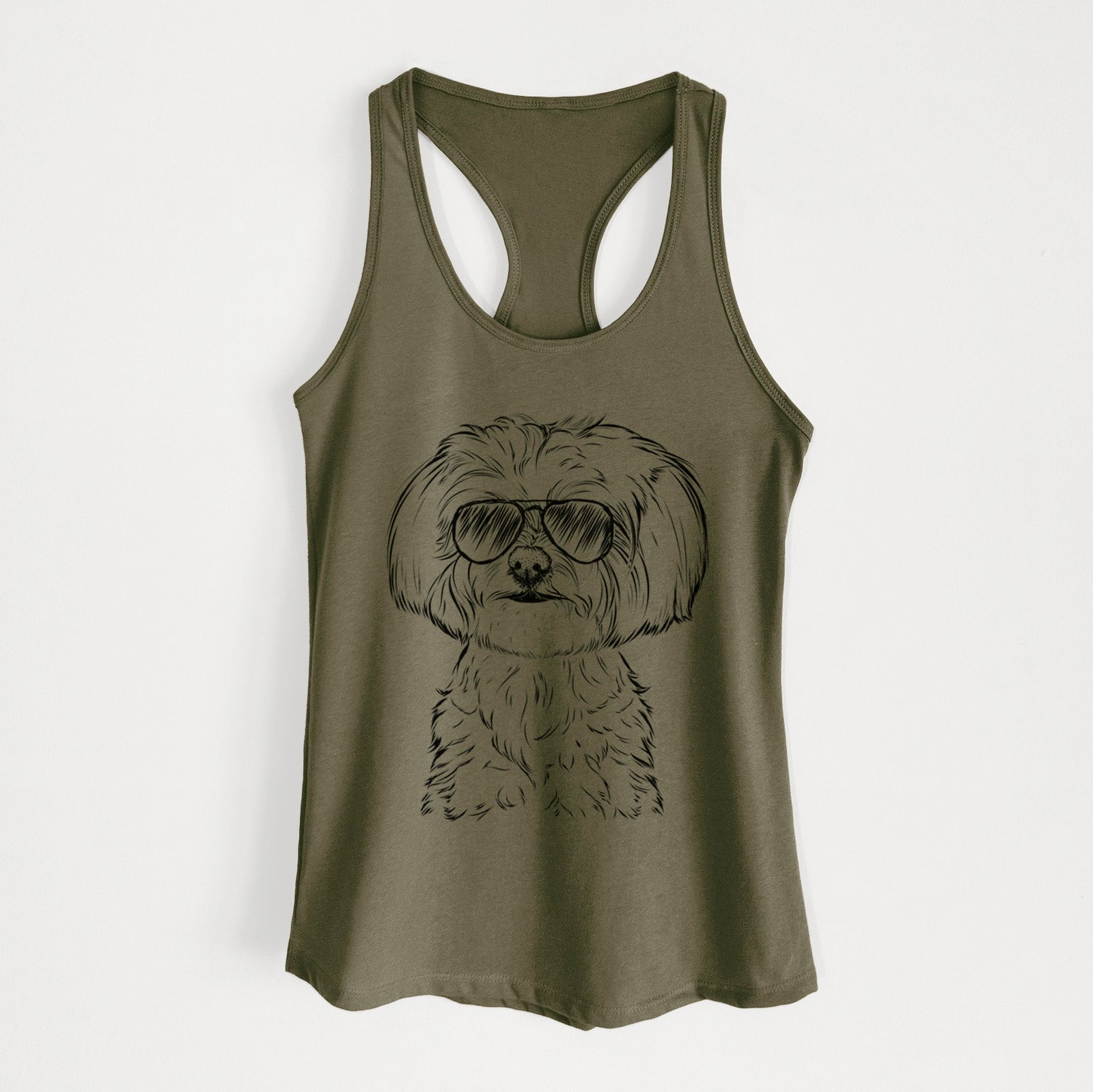 Hand-drawn sketch of Willow the Maltese wearing aviator sunglasses on a Military Green Women's racerback tanktop