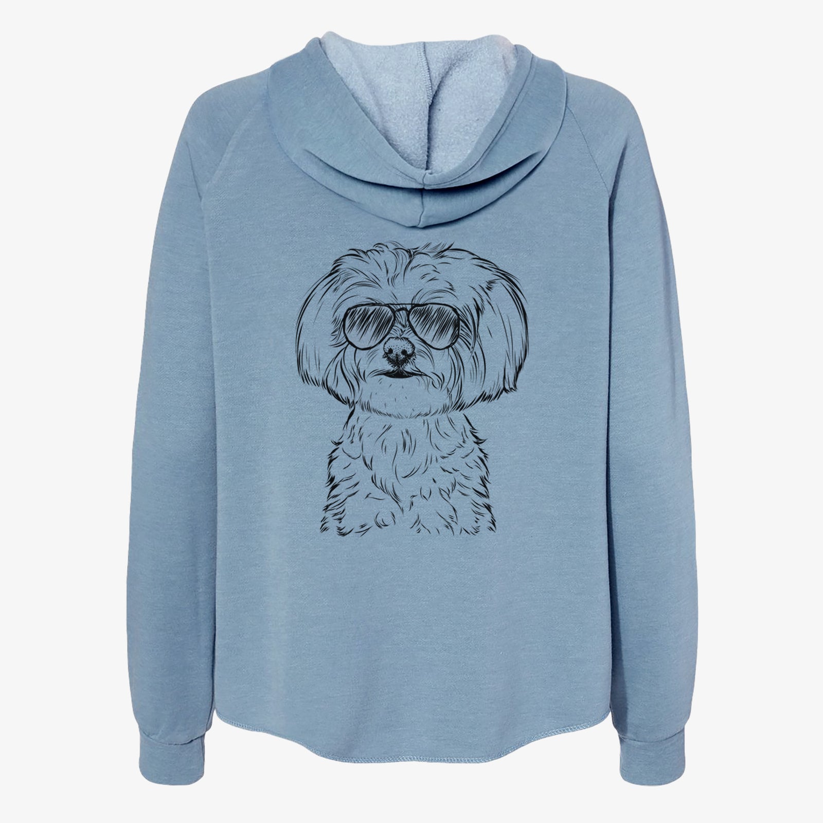 Hand-drawn sketch of Willow the Maltese wearing aviator sunglasses on a Misty Blue Women's cali wave zip-up sweatshirt