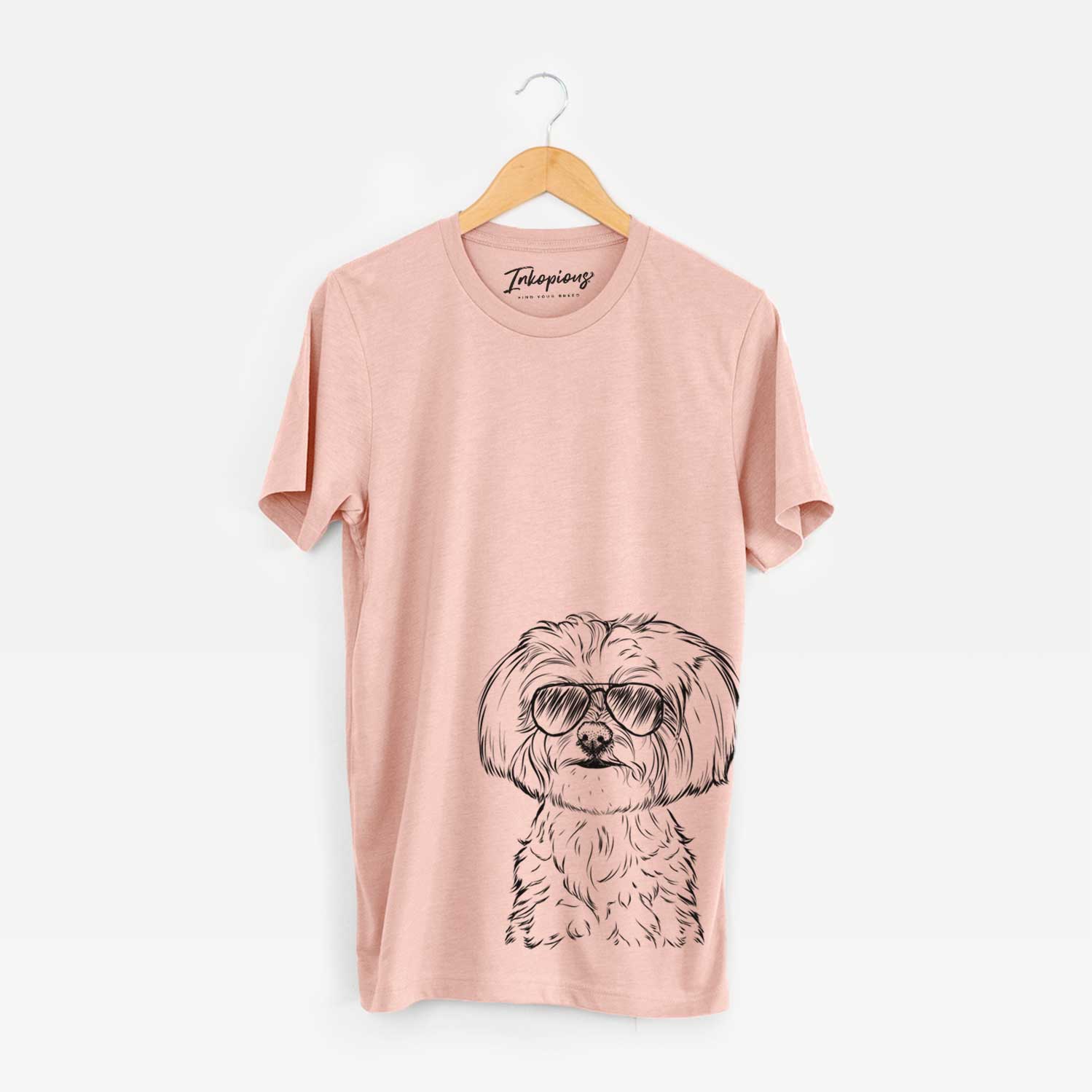 Hand-drawn sketch of Willow the Maltese wearing aviator sunglasses on a Peach Bella Canvas Unisex Crewneck