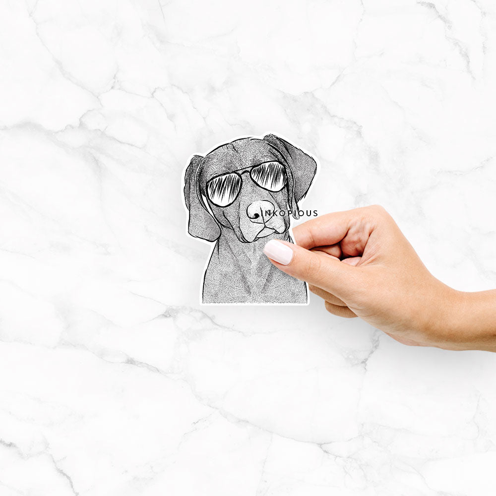 Hand-drawn sketch of Willow the Weizsla wearing aviator sunglasses on a decal sticker