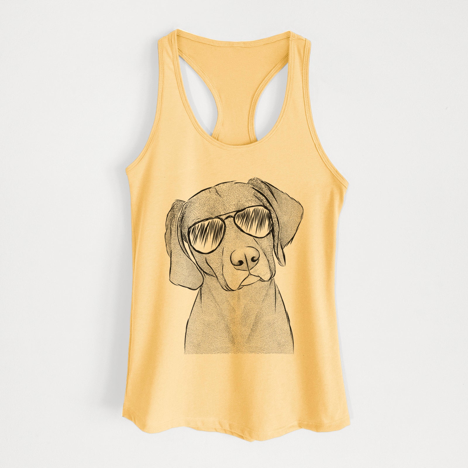 Hand-drawn sketch of Willow the Weizsla wearing aviator sunglasses on a Banana Cream Women's racerback tanktop