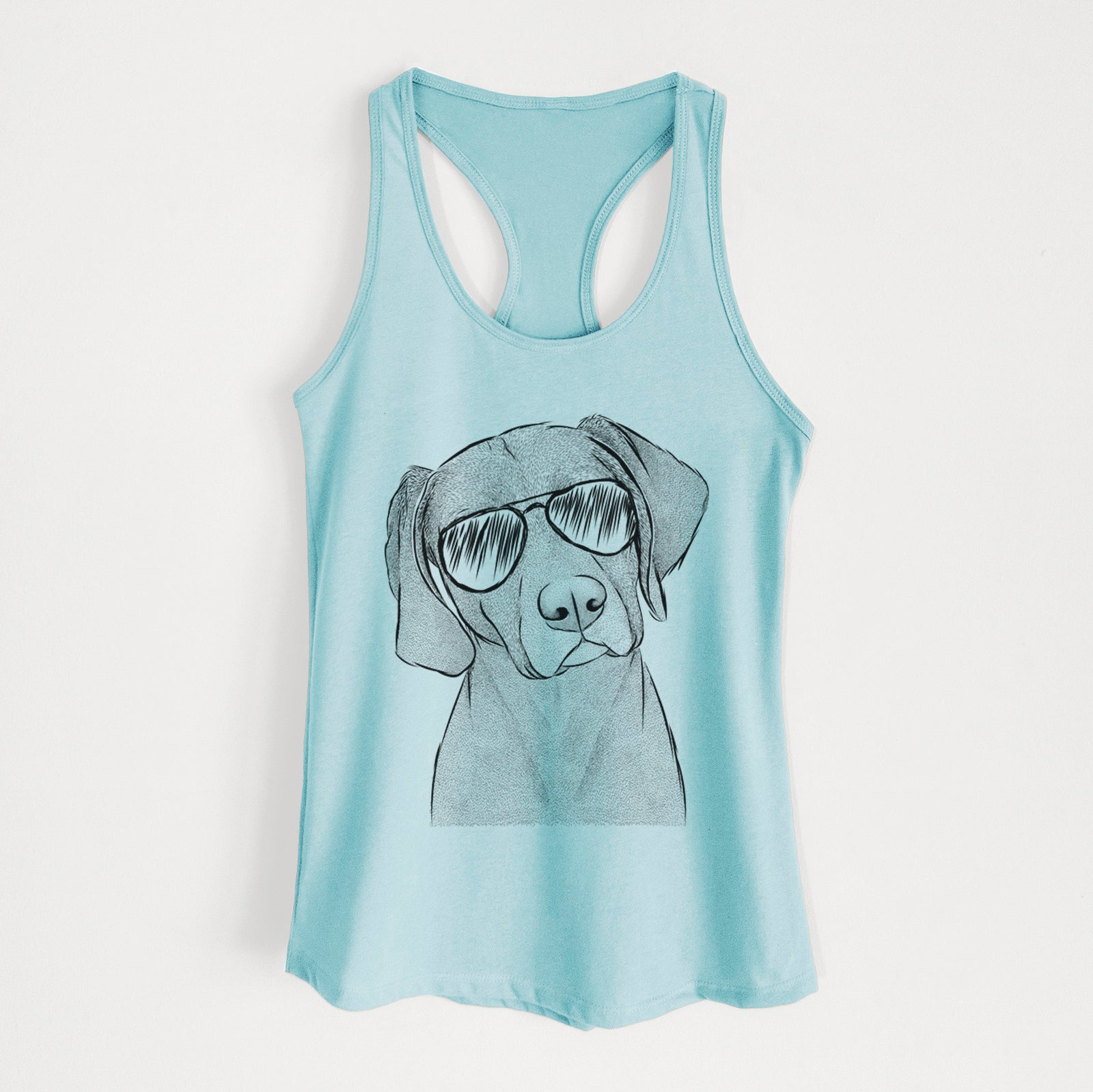 Hand-drawn sketch of Willow the Weizsla wearing aviator sunglasses on a Cancun Blue Women's racerback tanktop