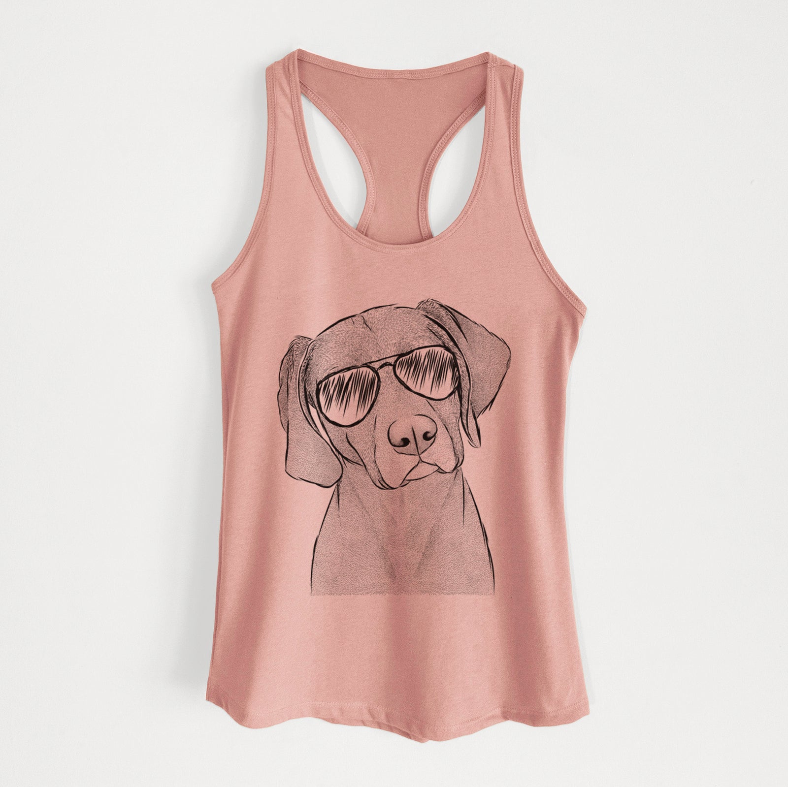 Hand-drawn sketch of Willow the Weizsla wearing aviator sunglasses on a Desert Pink Women's racerback tanktop