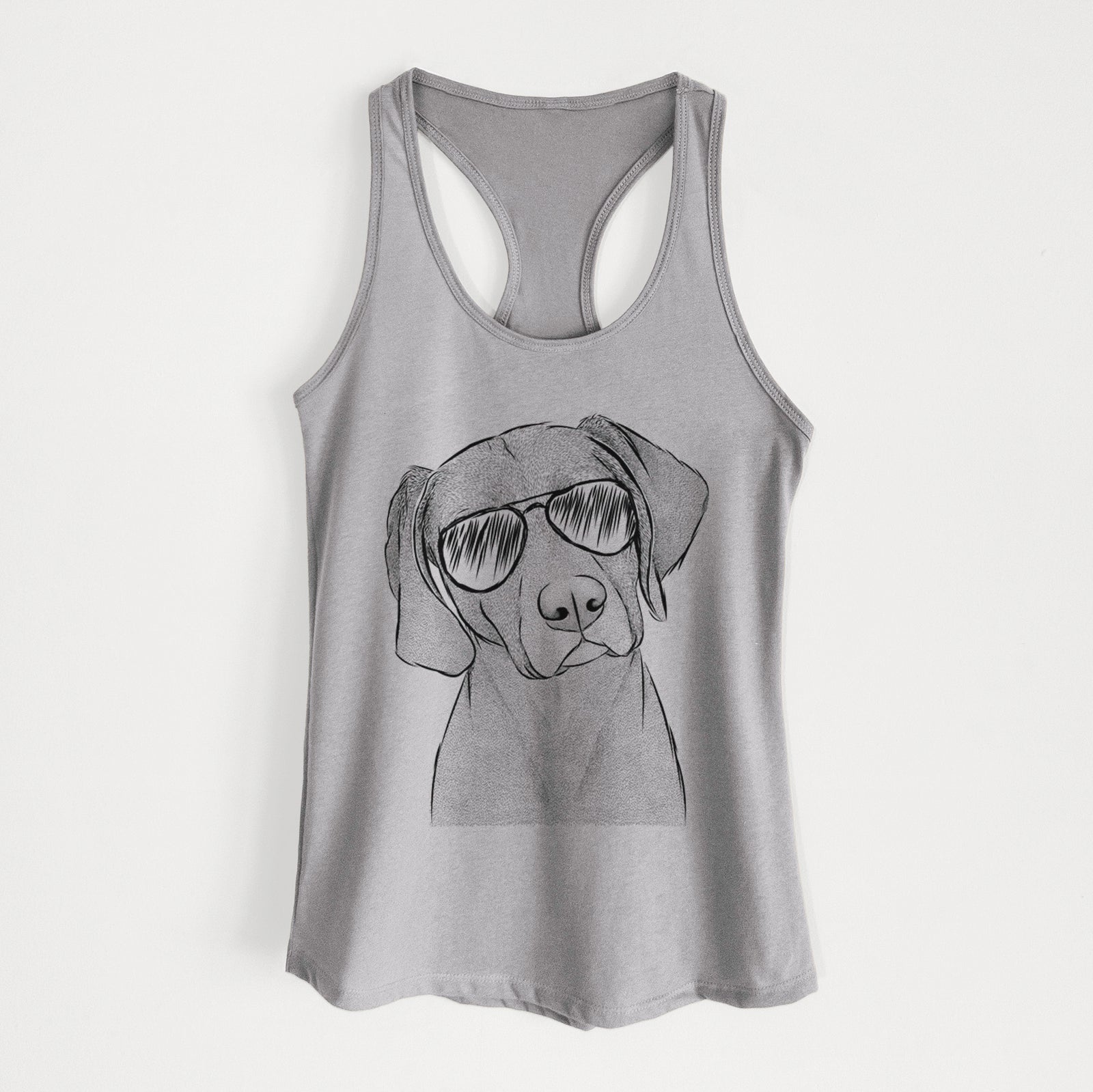 Hand-drawn sketch of Willow the Weizsla wearing aviator sunglasses on a Heather Grey Women's racerback tanktop