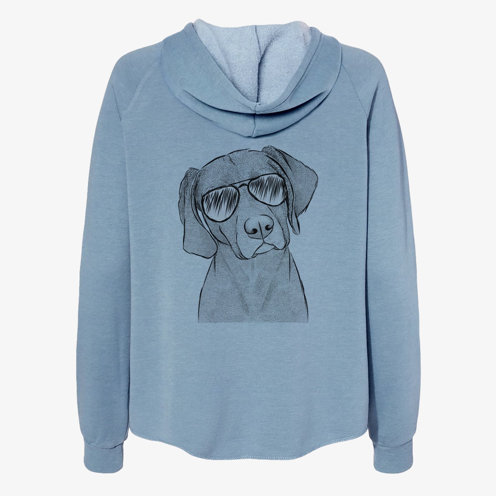 Hand-drawn sketch of Willow the Weizsla wearing aviator sunglasses on a Misty Blue Women's cali wave zip-up sweatshirt