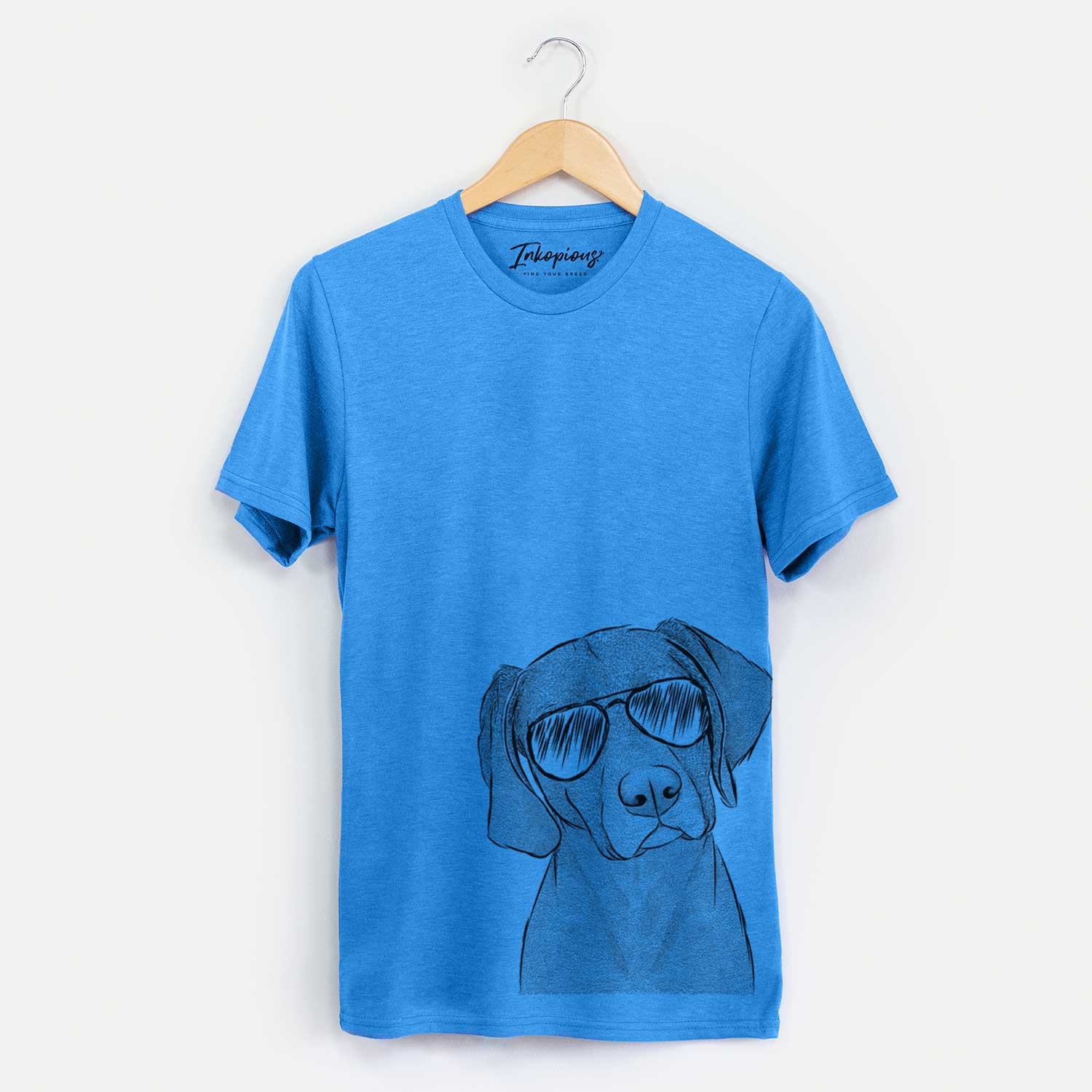 Hand-drawn sketch of Willow the Weizsla wearing aviator sunglasses on a Blue Unisex crewneck