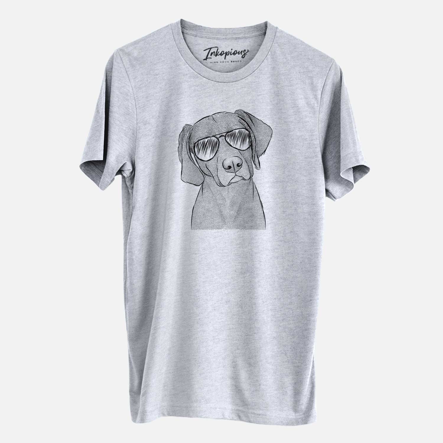 Hand-drawn sketch of Willow the Weizsla wearing aviator sunglasses on a Grey Unisex crewneck