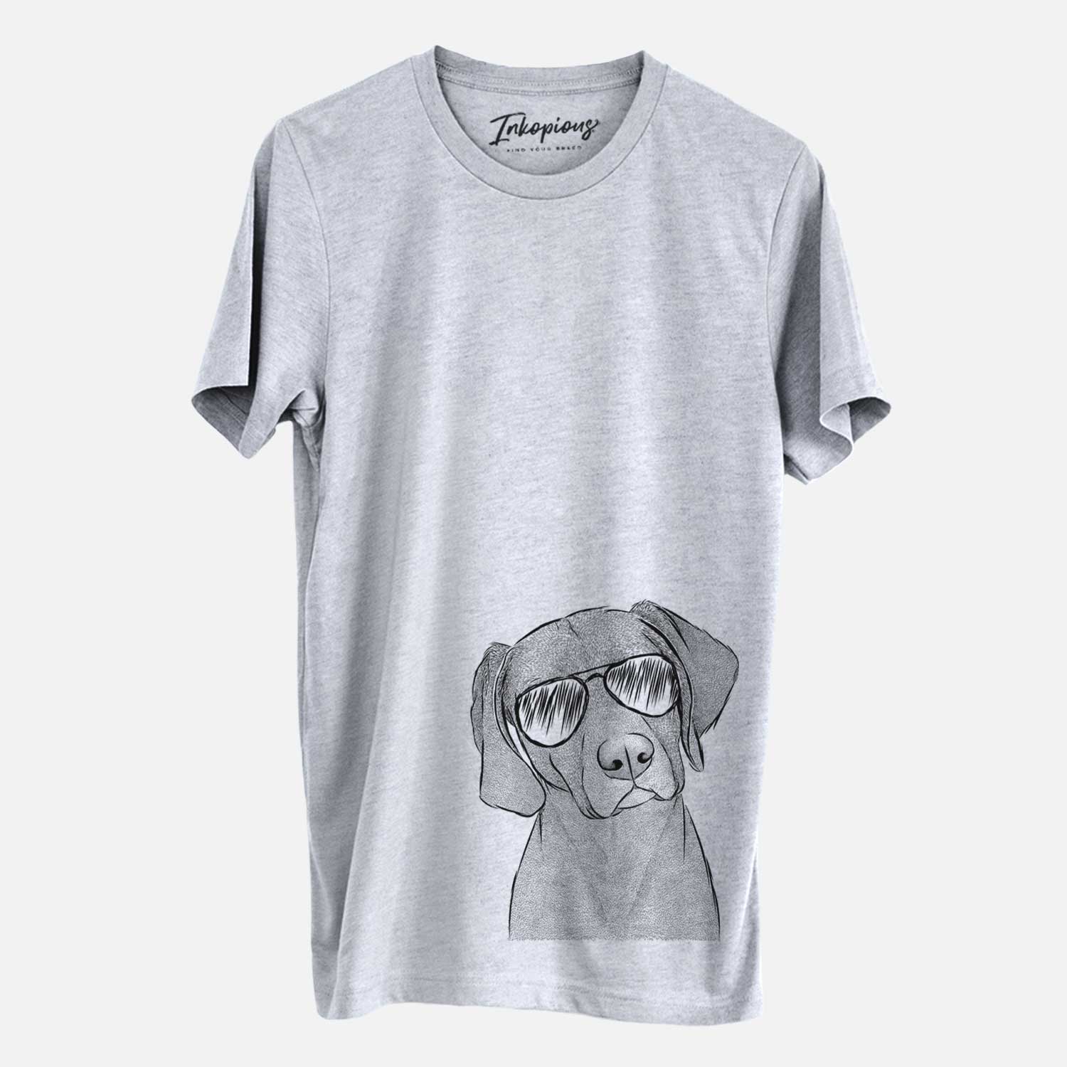 Hand-drawn sketch of Willow the Weizsla wearing aviator sunglasses on a Grey Unisex crewneck