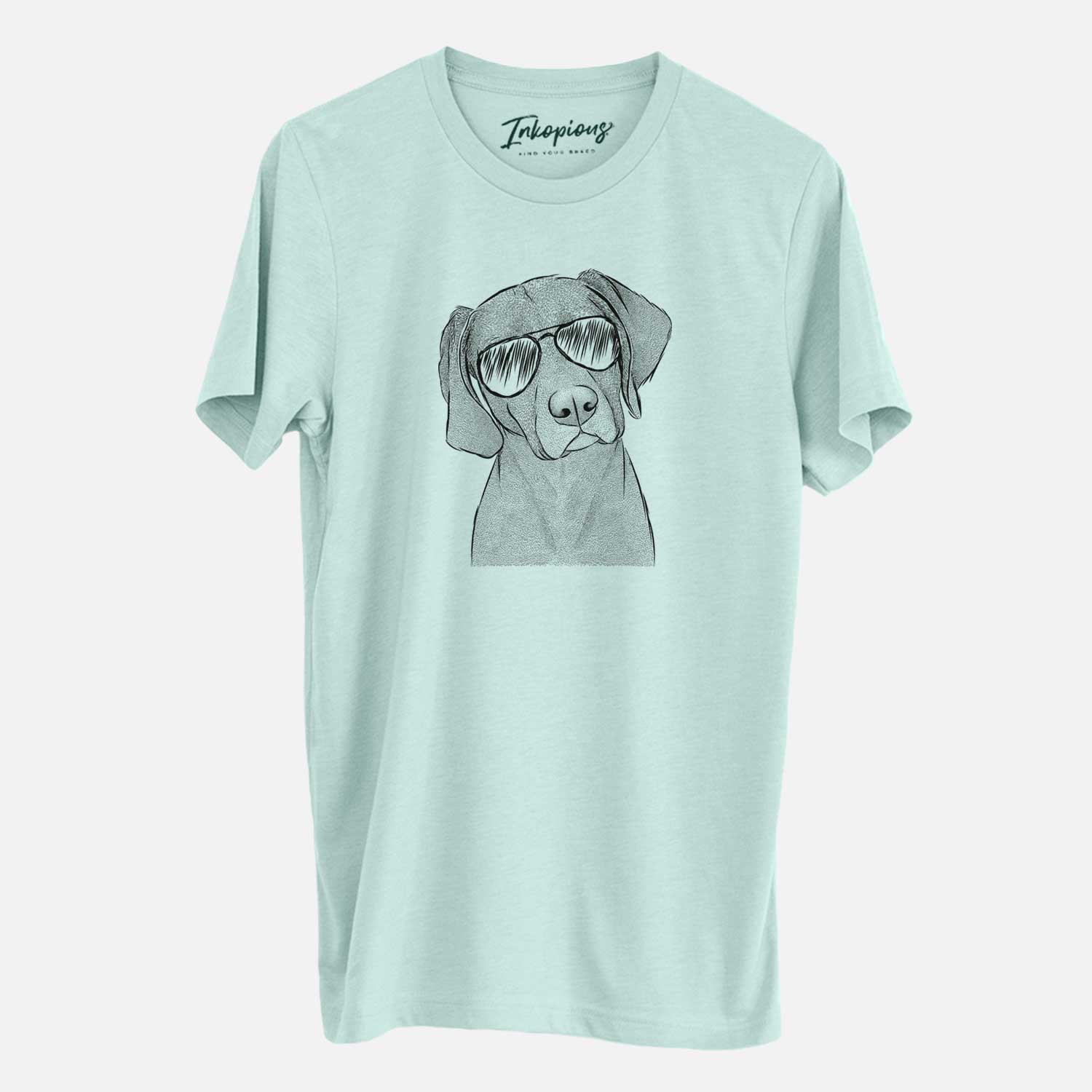 Hand-drawn sketch of Willow the Weizsla wearing aviator sunglasses on a Heather Sage Unisex crewneck