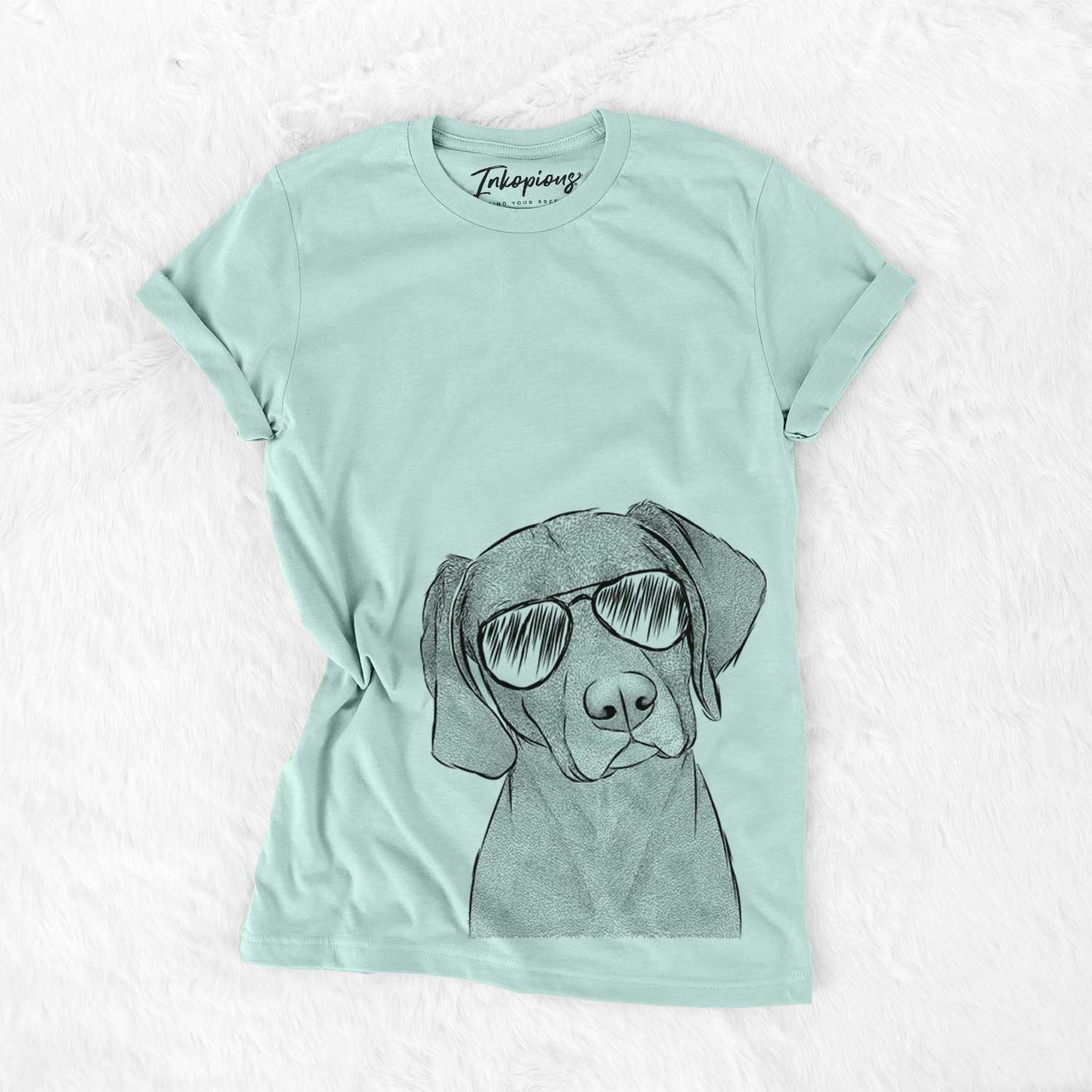 Hand-drawn sketch of Willow the Weizsla wearing aviator sunglasses on a Heather Sage Unisex crewneck