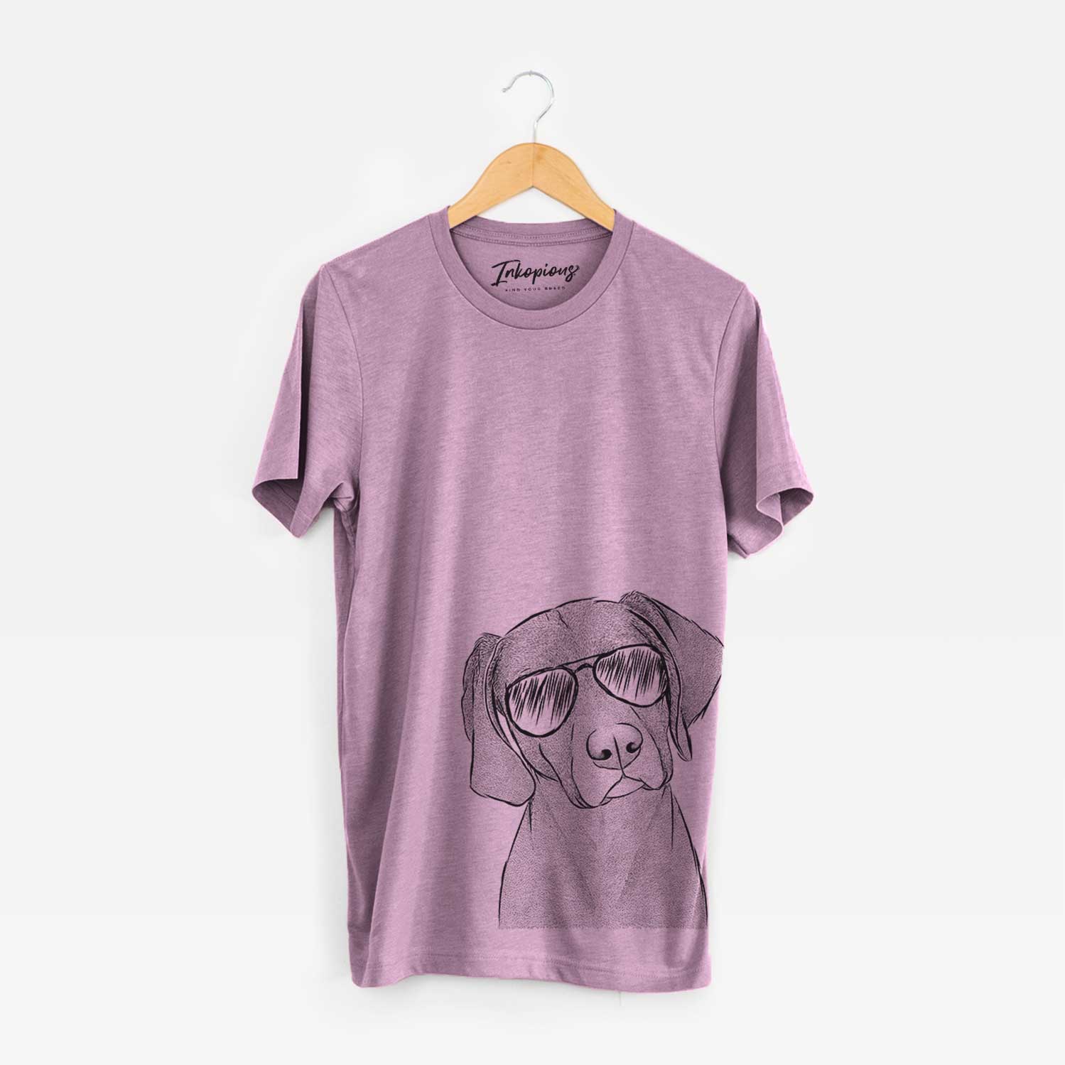 Hand-drawn sketch of Willow the Weizsla wearing aviator sunglasses on an Orchid Bella Canvas Unisex Crewneck