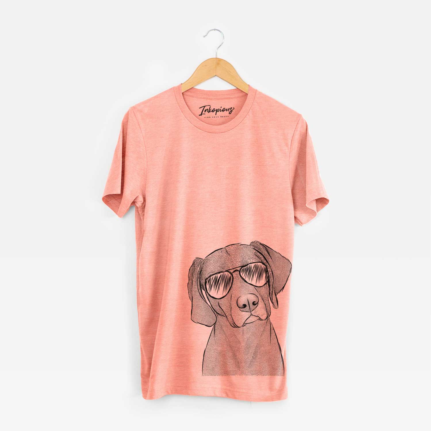Hand-drawn sketch of Willow the Weizsla wearing aviator sunglasses on a Sunset Unisex crewneck