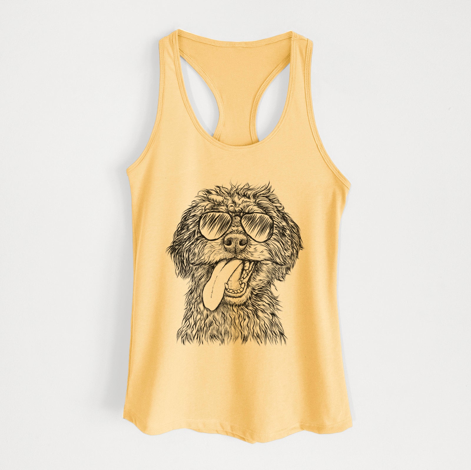 Hand-drawn sketch of Winnie the Mini Aussiedoodle wearing aviator sunglasses on a Banana Cream Women's racerback tanktop