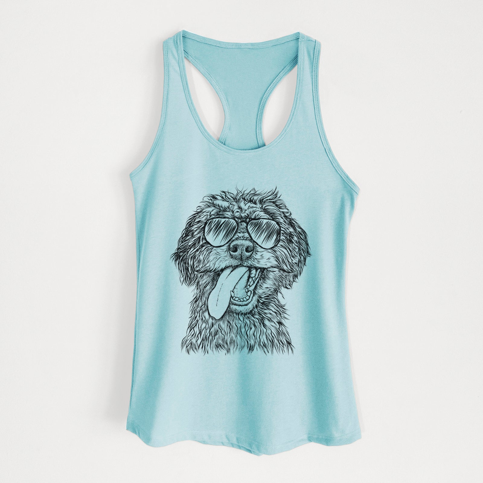 Hand-drawn sketch of Winnie the Mini Aussiedoodle wearing aviator sunglasses on a Cancun Blue Women's racerback tanktop