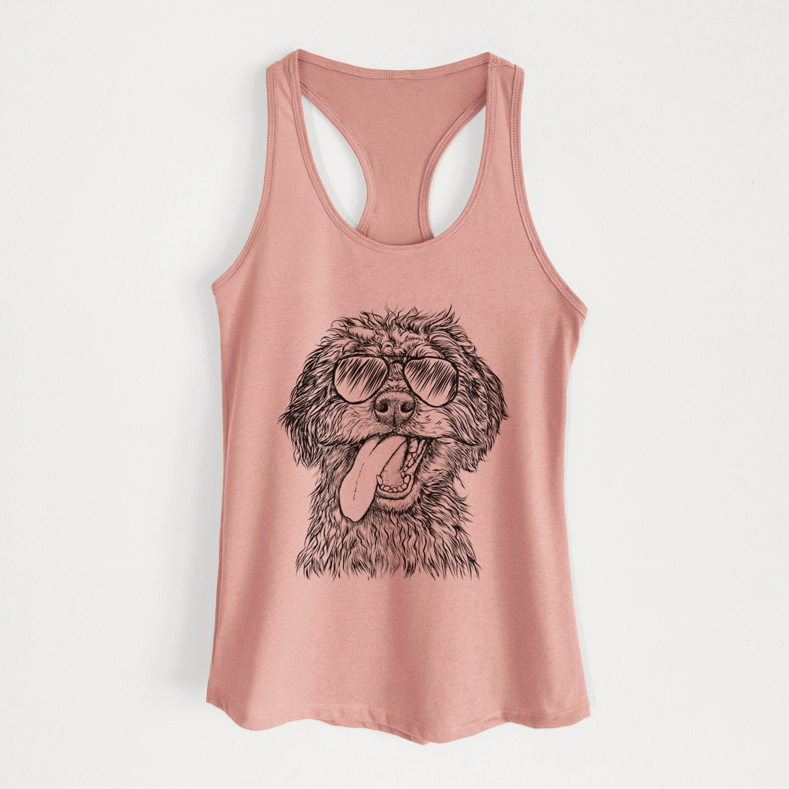 Hand-drawn sketch of Winnie the Mini Aussiedoodle wearing aviator sunglasses on a Desert Pink Women's racerback tanktop