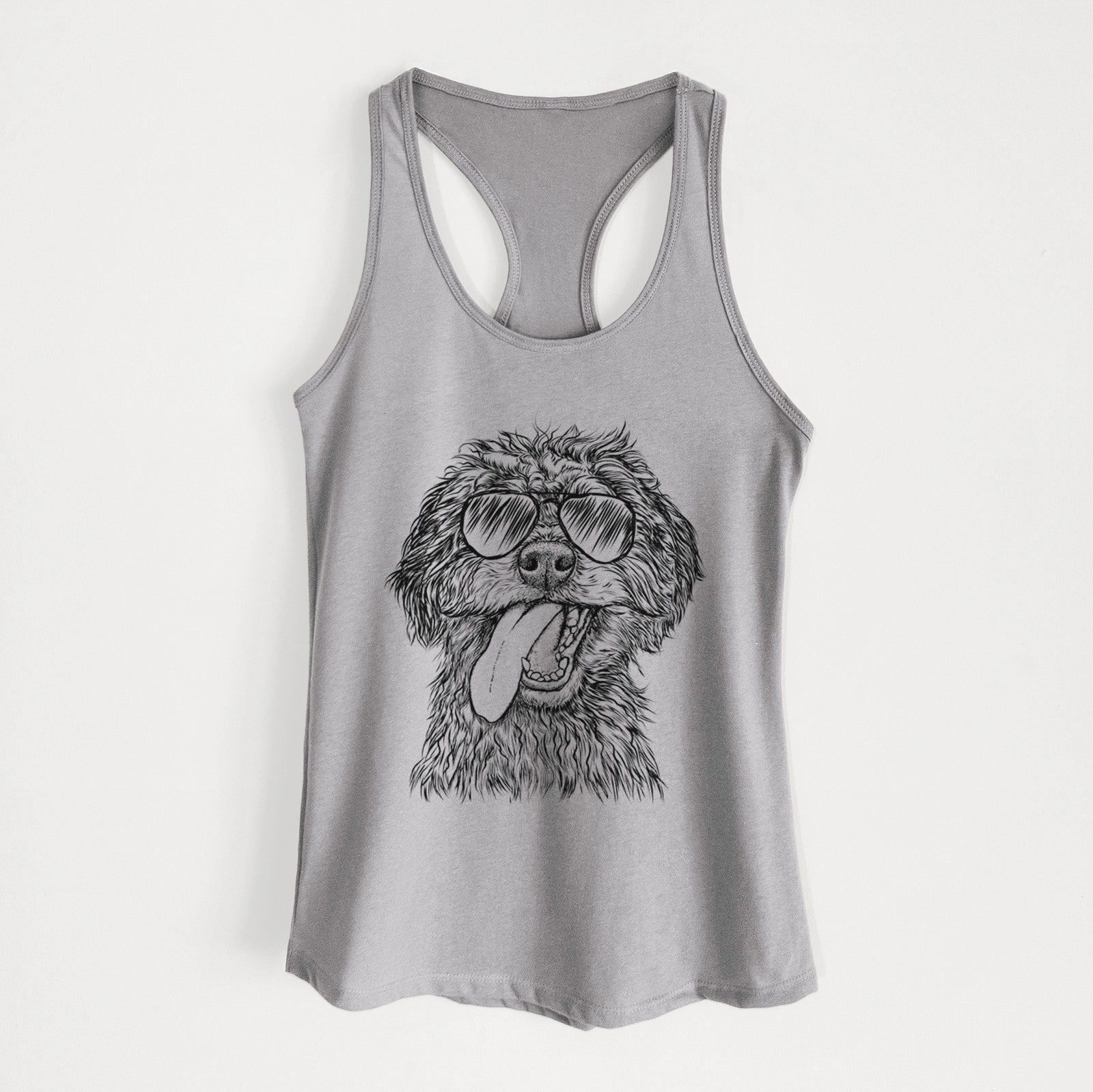Hand-drawn sketch of Winnie the Mini Aussiedoodle wearing aviator sunglasses on a Heather Grey Women's racerback tanktop