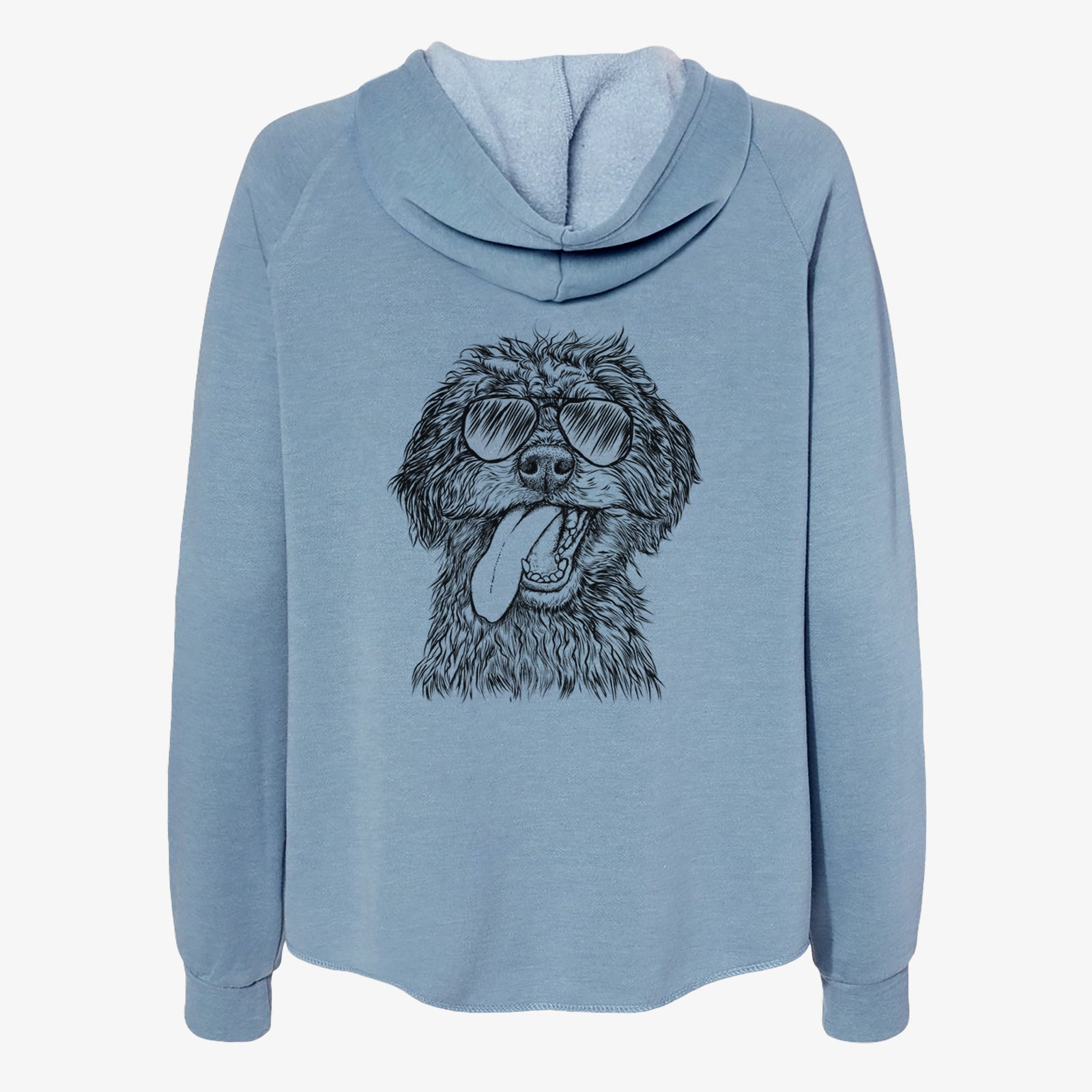 Hand-drawn sketch of Winnie the Mini Aussiedoodle wearing aviator sunglasses on a Misty Blue Women's cali wave zip-up sweatshirt