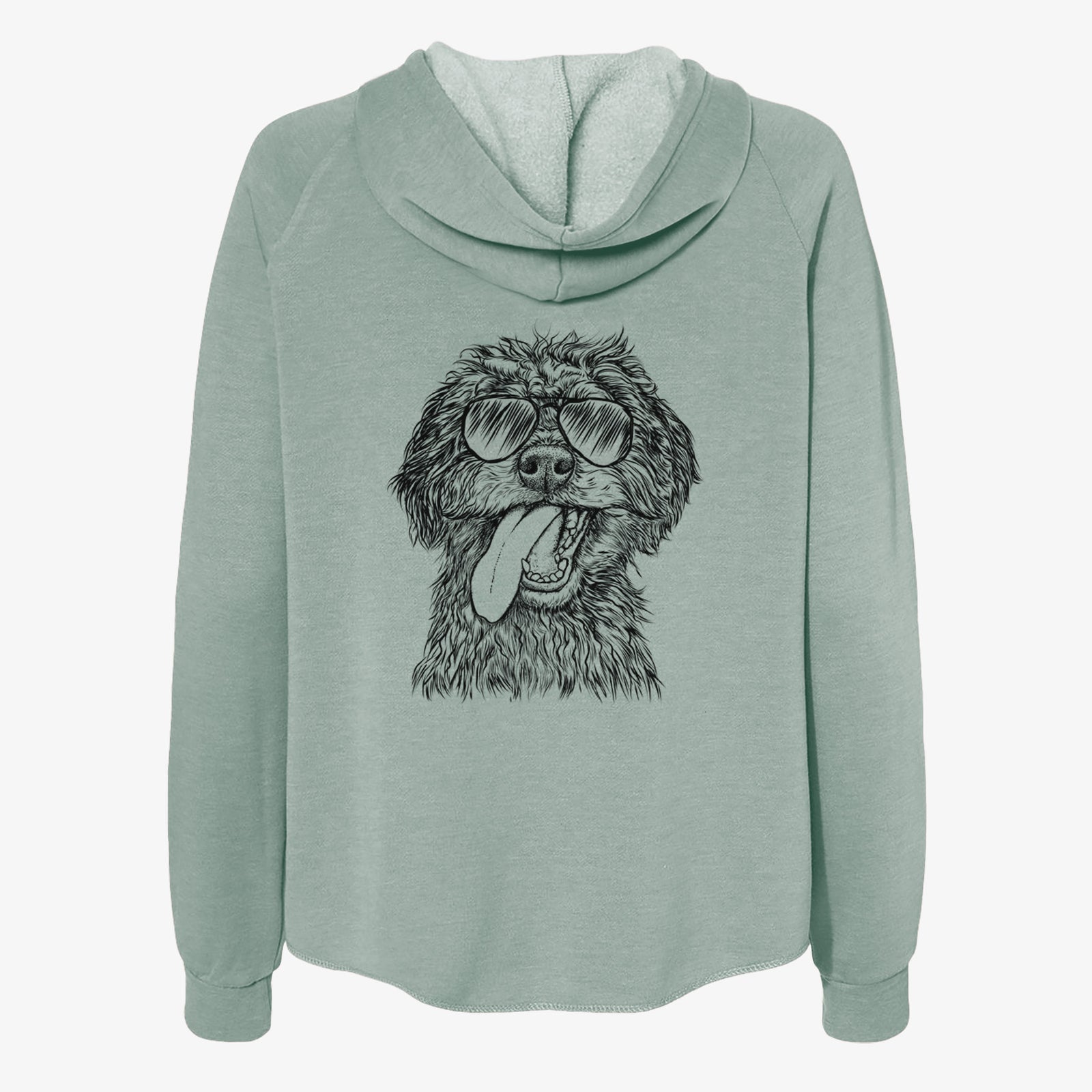 Hand-drawn sketch of Winnie the Mini Aussiedoodle wearing aviator sunglasses on a Sage Women's cali wave zip-up sweatshirt