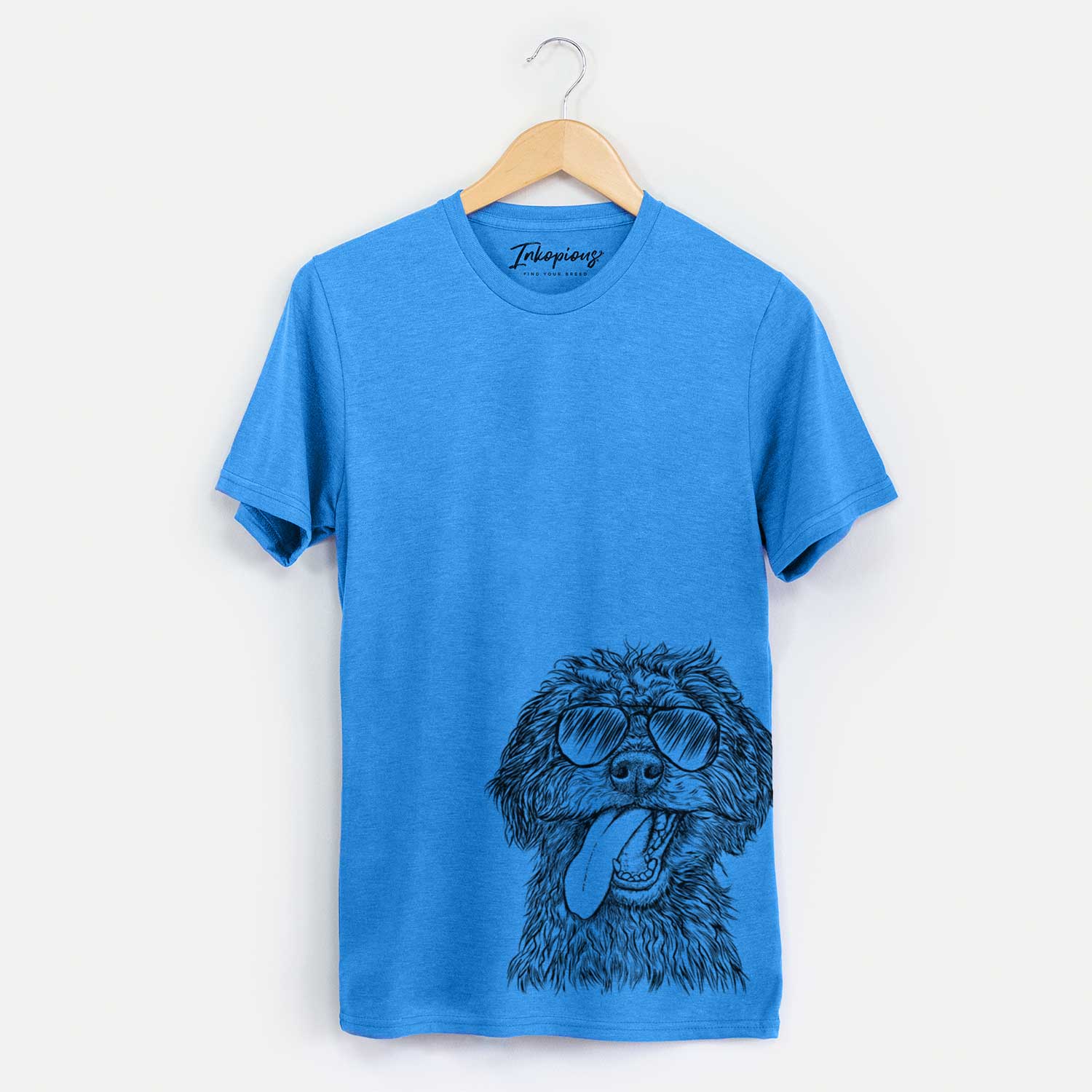 Hand-drawn sketch of Winnie the Mini Aussiedoodle wearing aviator sunglasses on a Blue Unisex crewneck