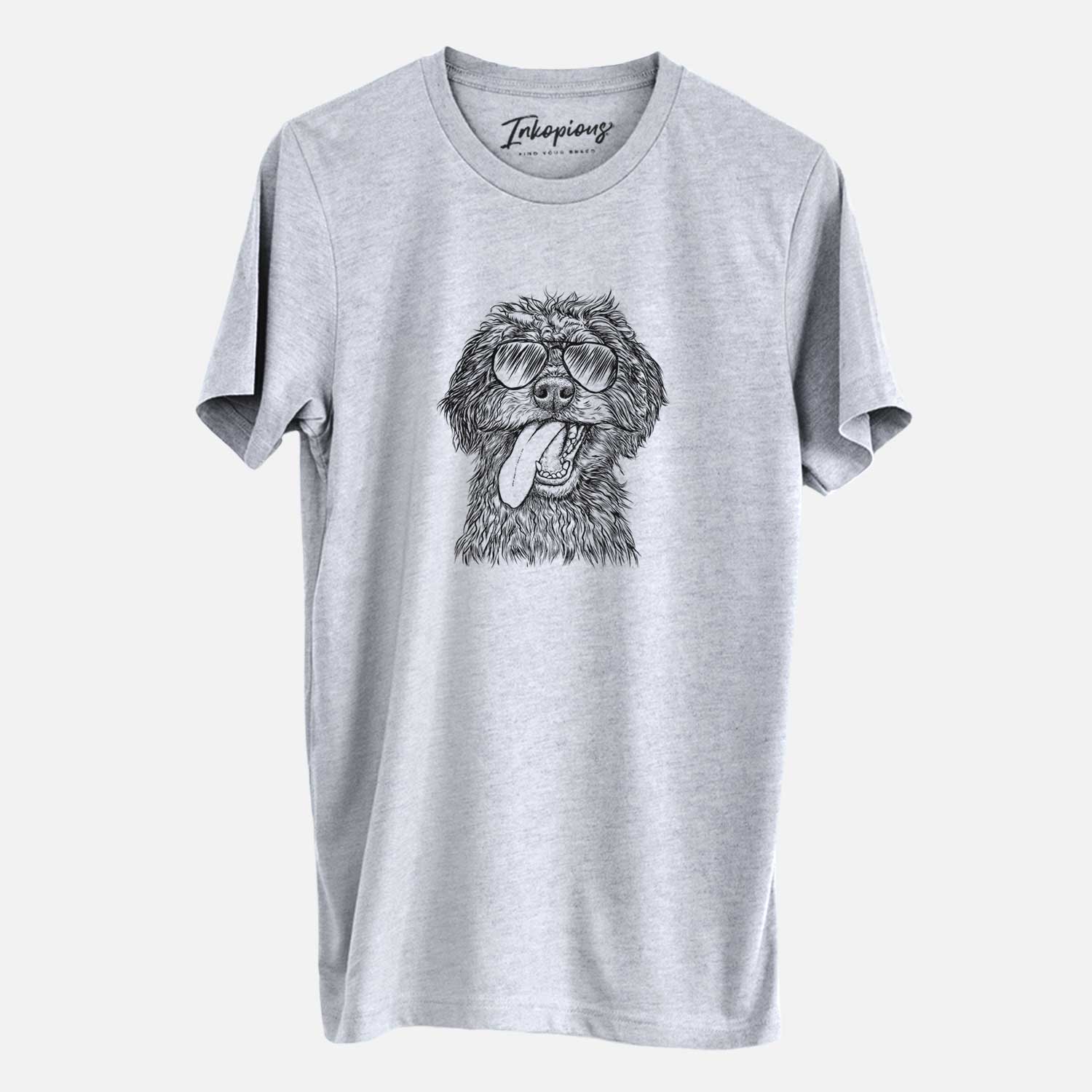 Hand-drawn sketch of Winnie the Mini Aussiedoodle wearing aviator sunglasses on a Grey Unisex crewneck