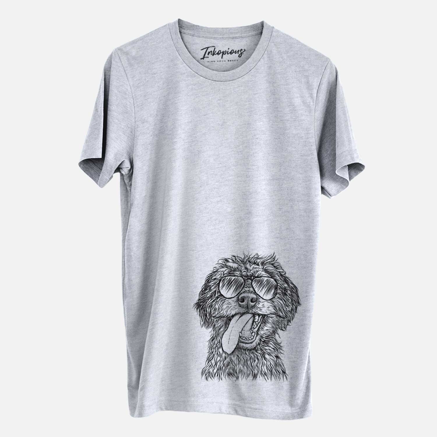 Hand-drawn sketch of Winnie the Mini Aussiedoodle wearing aviator sunglasses on a Grey Unisex crewneck