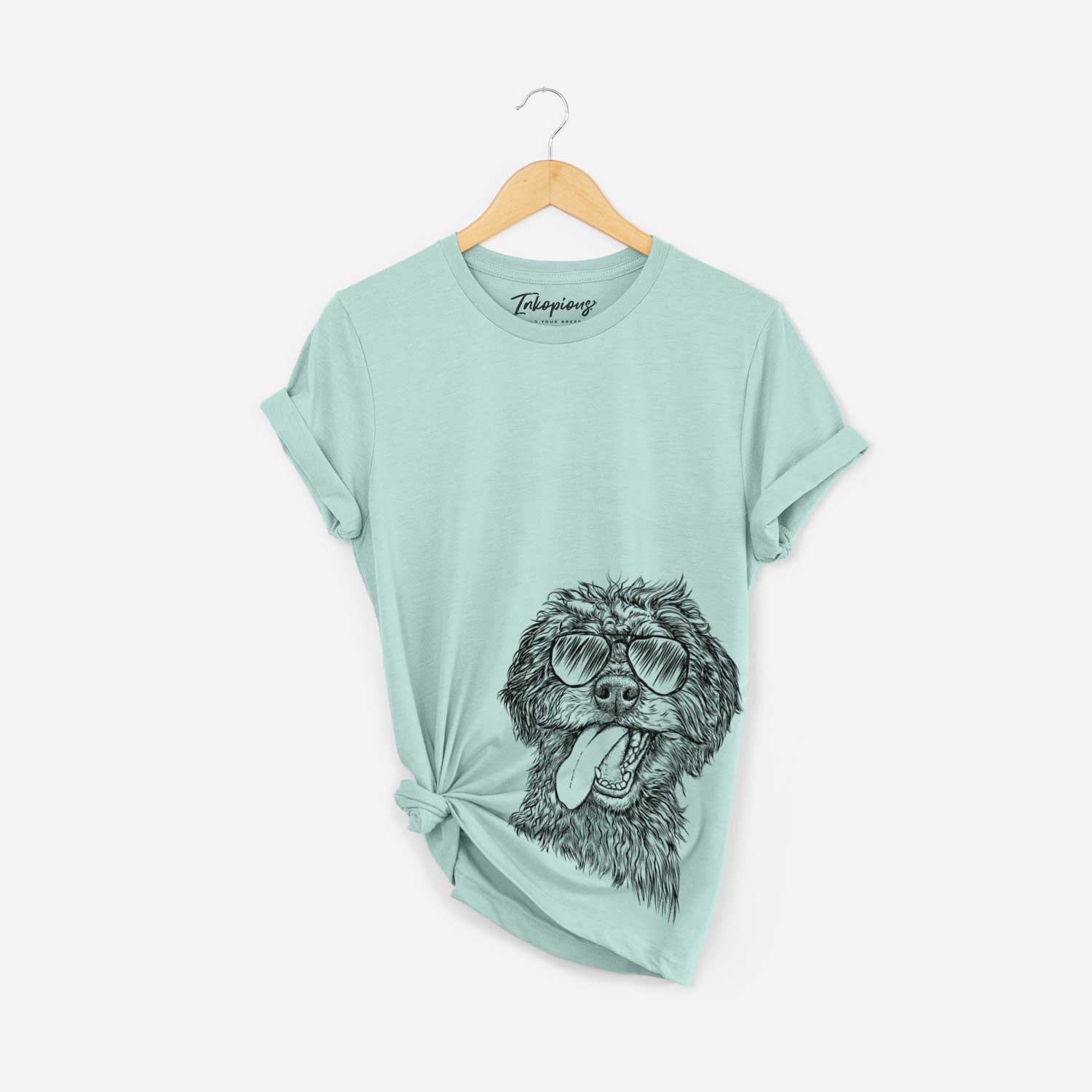 Hand-drawn sketch of Winnie the Mini Aussiedoodle wearing aviator sunglasses on a Heather Sage Bella Canvas Unisex Crewneck