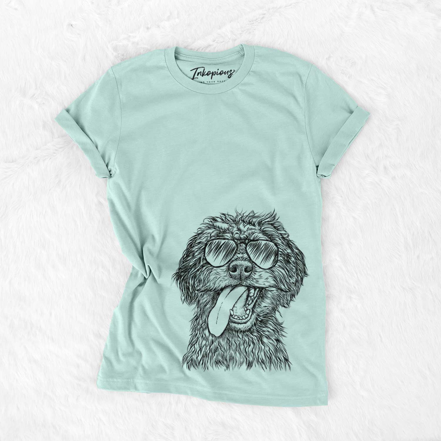 Hand-drawn sketch of Winnie the Mini Aussiedoodle wearing aviator sunglasses on a Heather Sage Unisex crewneck