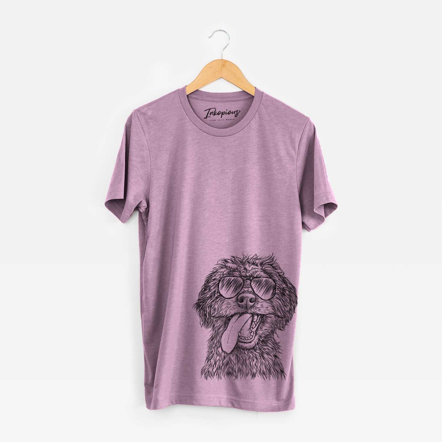 Hand-drawn sketch of Winnie the Mini Aussiedoodle wearing aviator sunglasses on an Orchid Bella Canvas Unisex Crewneck