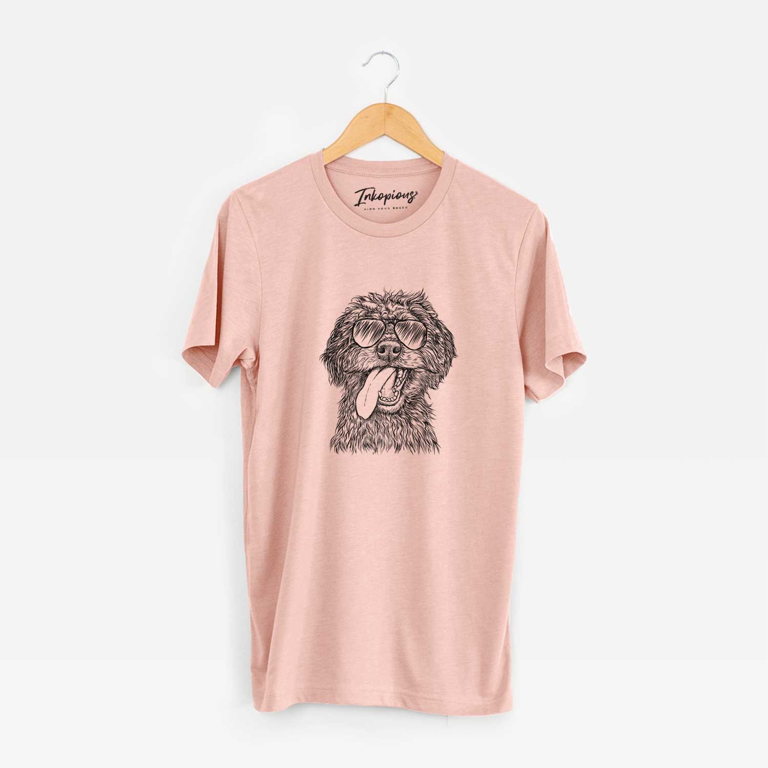 Hand-drawn sketch of Winnie the Mini Aussiedoodle wearing aviator sunglasses on a Peach Unisex crewneck