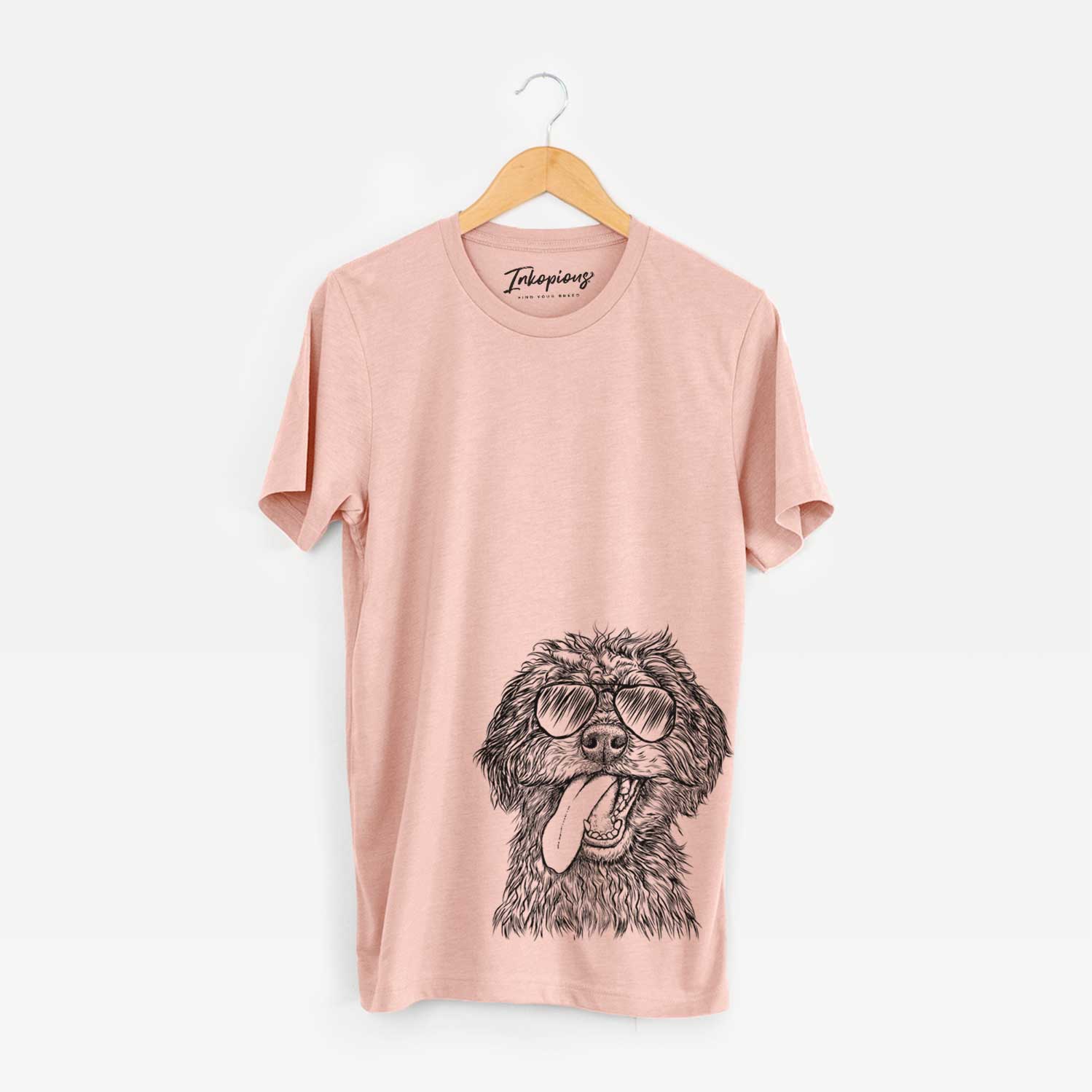 Hand-drawn sketch of Winnie the Mini Aussiedoodle wearing aviator sunglasses on a Peach Unisex crewneck