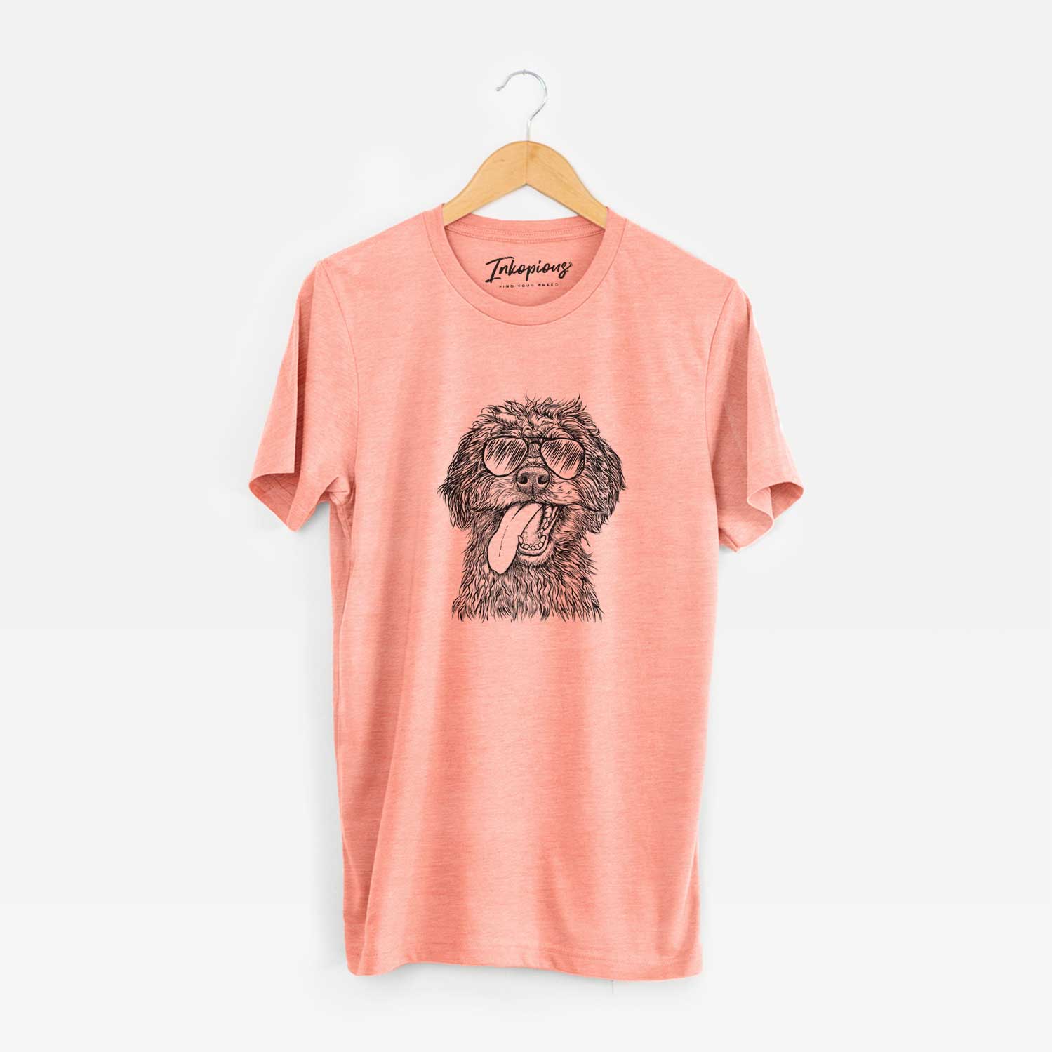 Hand-drawn sketch of Winnie the Mini Aussiedoodle wearing aviator sunglasses on a Sunset Unisex crewneck