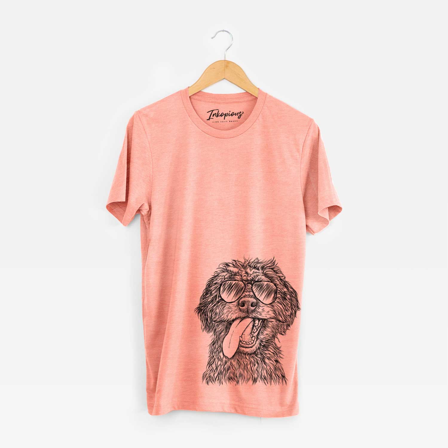 Hand-drawn sketch of Winnie the Mini Aussiedoodle wearing aviator sunglasses on a Sunset Unisex crewneck