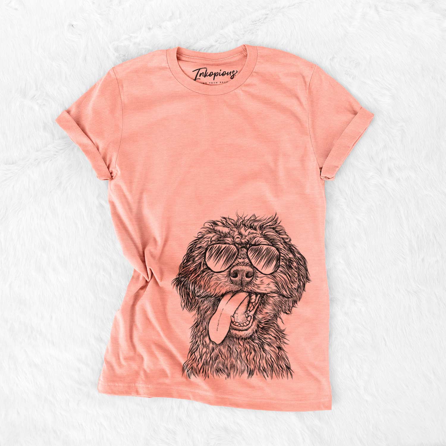 Hand-drawn sketch of Winnie the Mini Aussiedoodle wearing aviator sunglasses on a Sunset Bella Canvas Unisex Crewneck