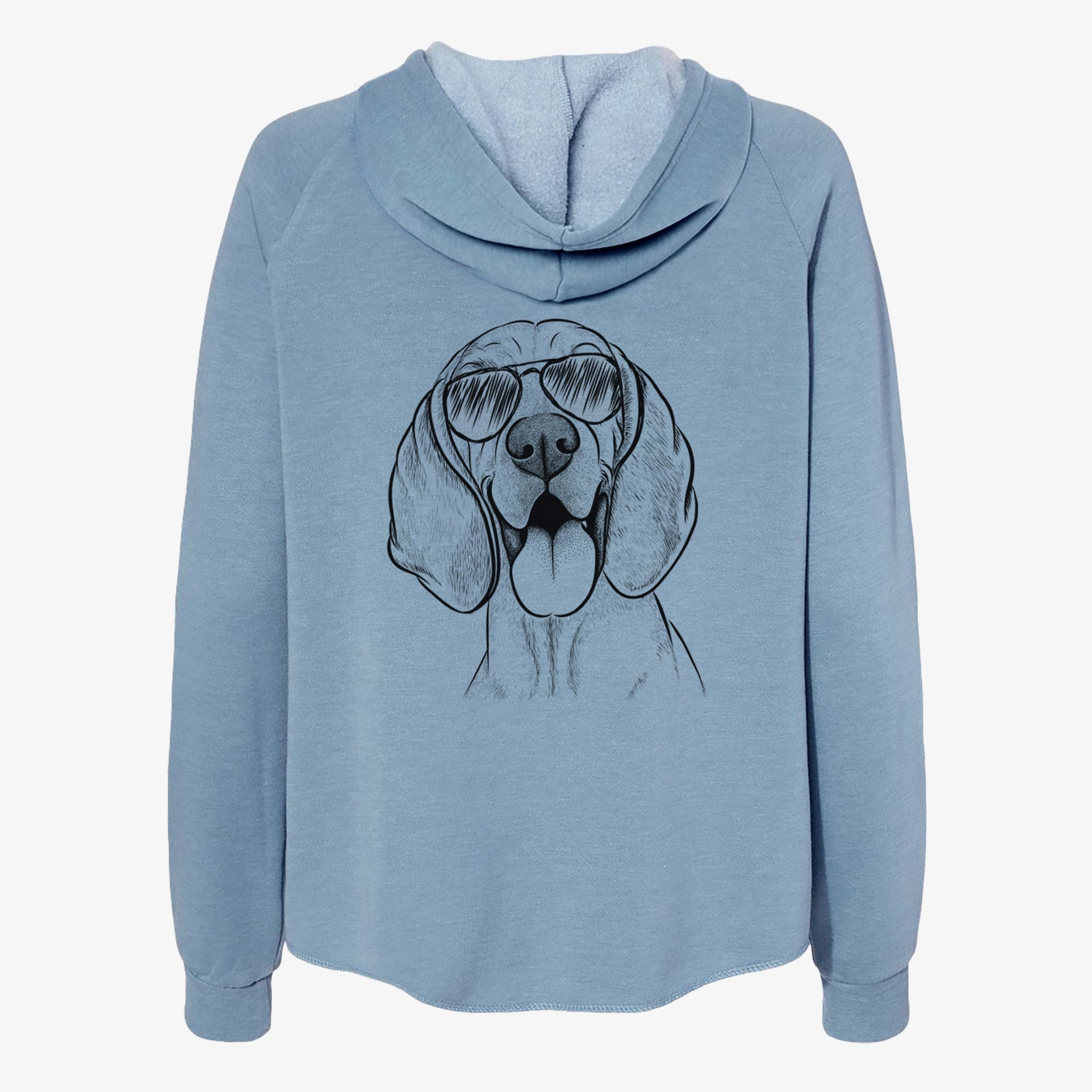 Hand-drawn sketch of Winston the Redbone Coonhound wearing aviator sunglasses on a Misty Blue Women's cali wave zip-up sweatshirt