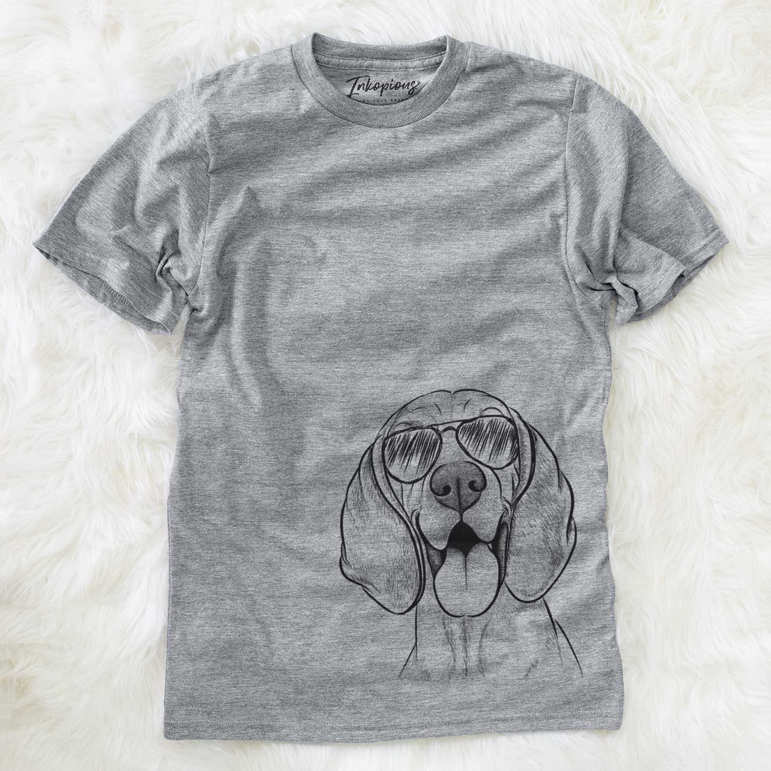 Hand-drawn sketch of Winston the Redbone Coonhound wearing aviator sunglasses on a Grey Unisex crewneck