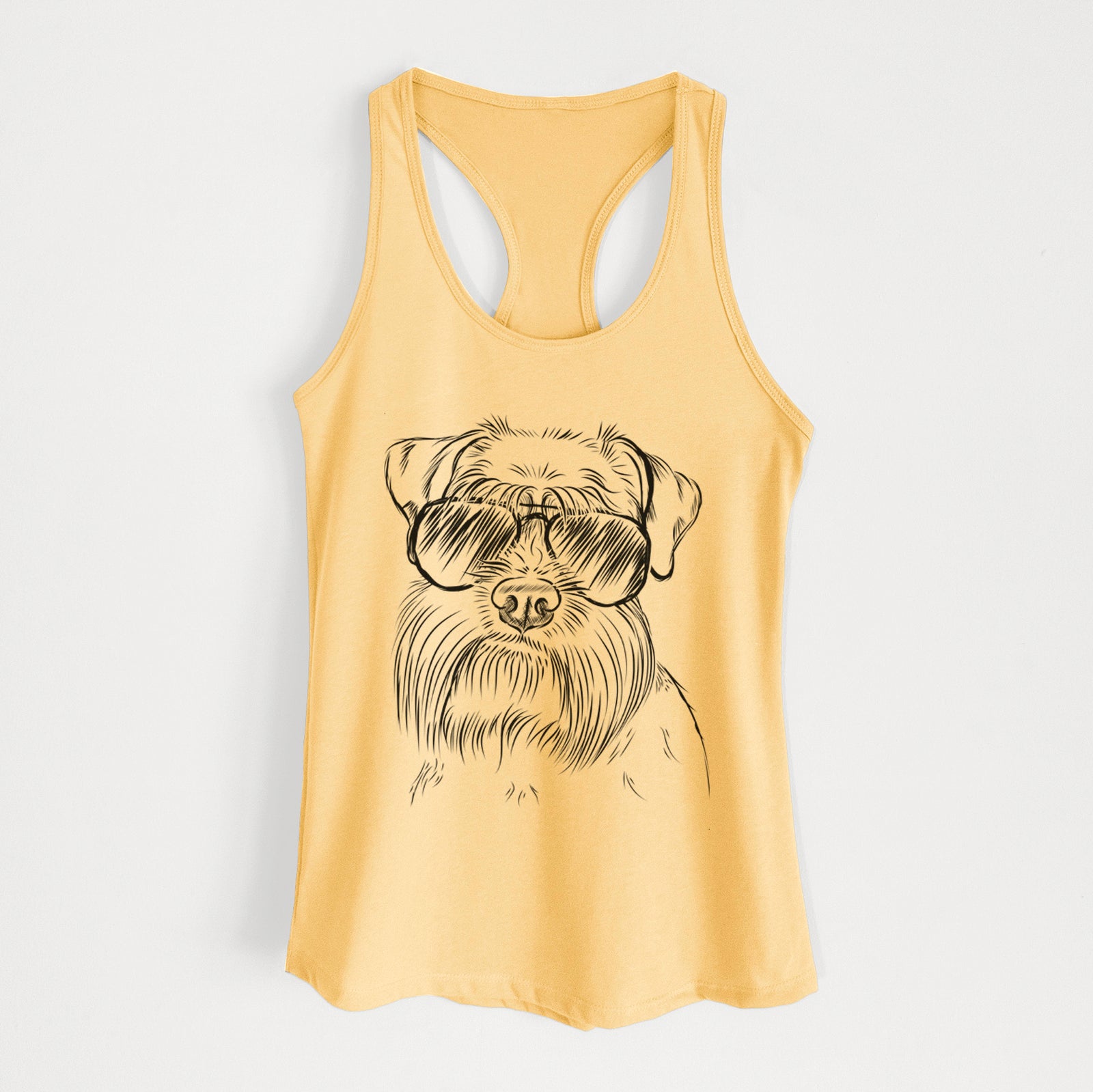Hand-drawn sketch of Wrigley the Schnauzer wearing aviator sunglasses on a Banana Cream Women's racerback tanktop