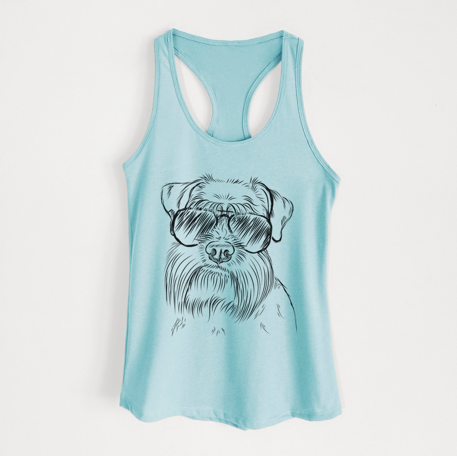Hand-drawn sketch of Wrigley the Schnauzer wearing aviator sunglasses on a Cancun Blue Women's racerback tanktop