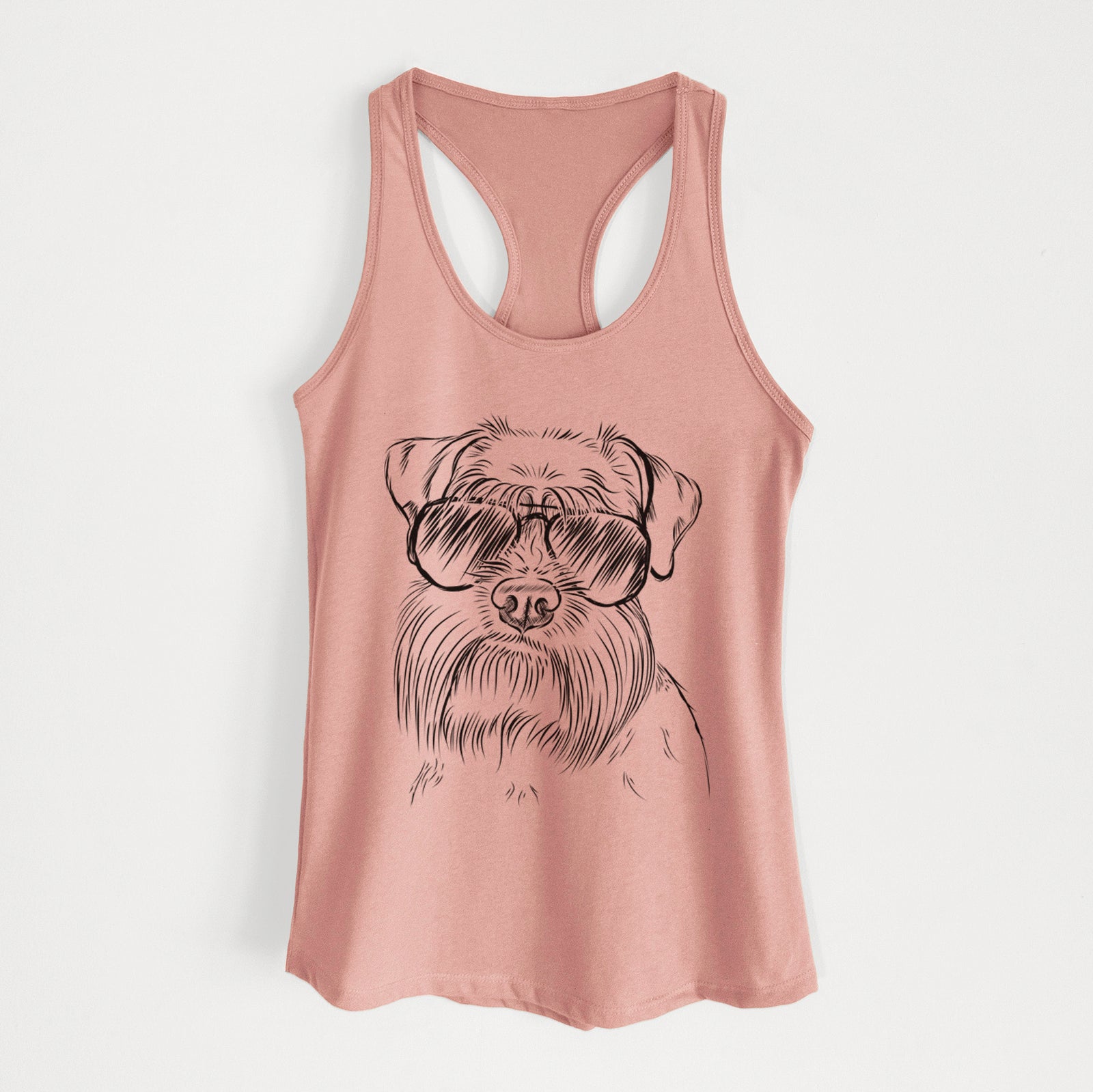 Hand-drawn sketch of Wrigley the Schnauzer wearing aviator sunglasses on a Desert Pink Women's racerback tanktop