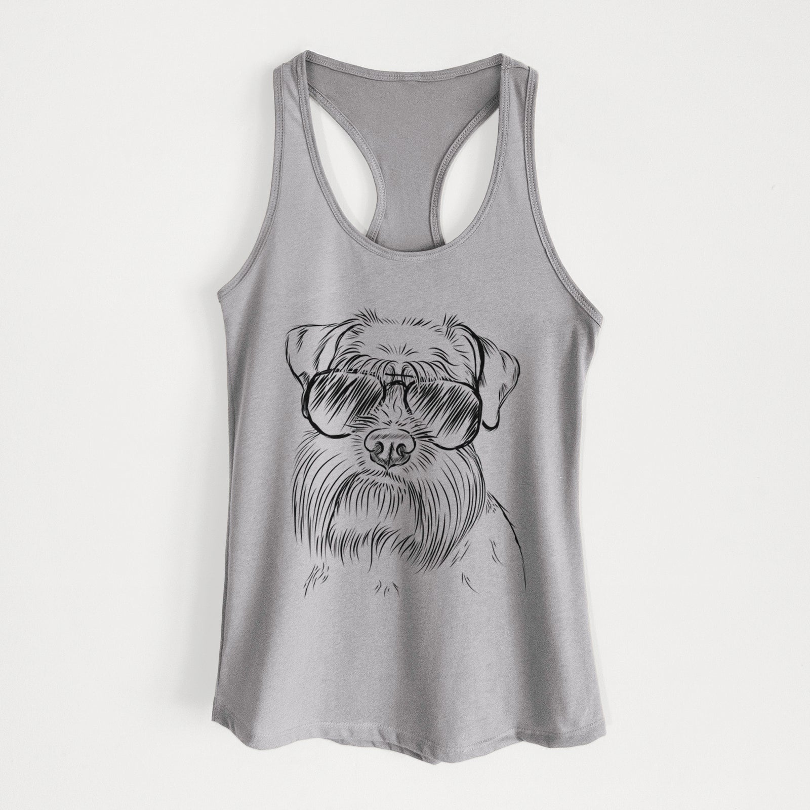 Hand-drawn sketch of Wrigley the Schnauzer wearing aviator sunglasses on a Heather Grey Women's racerback tanktop