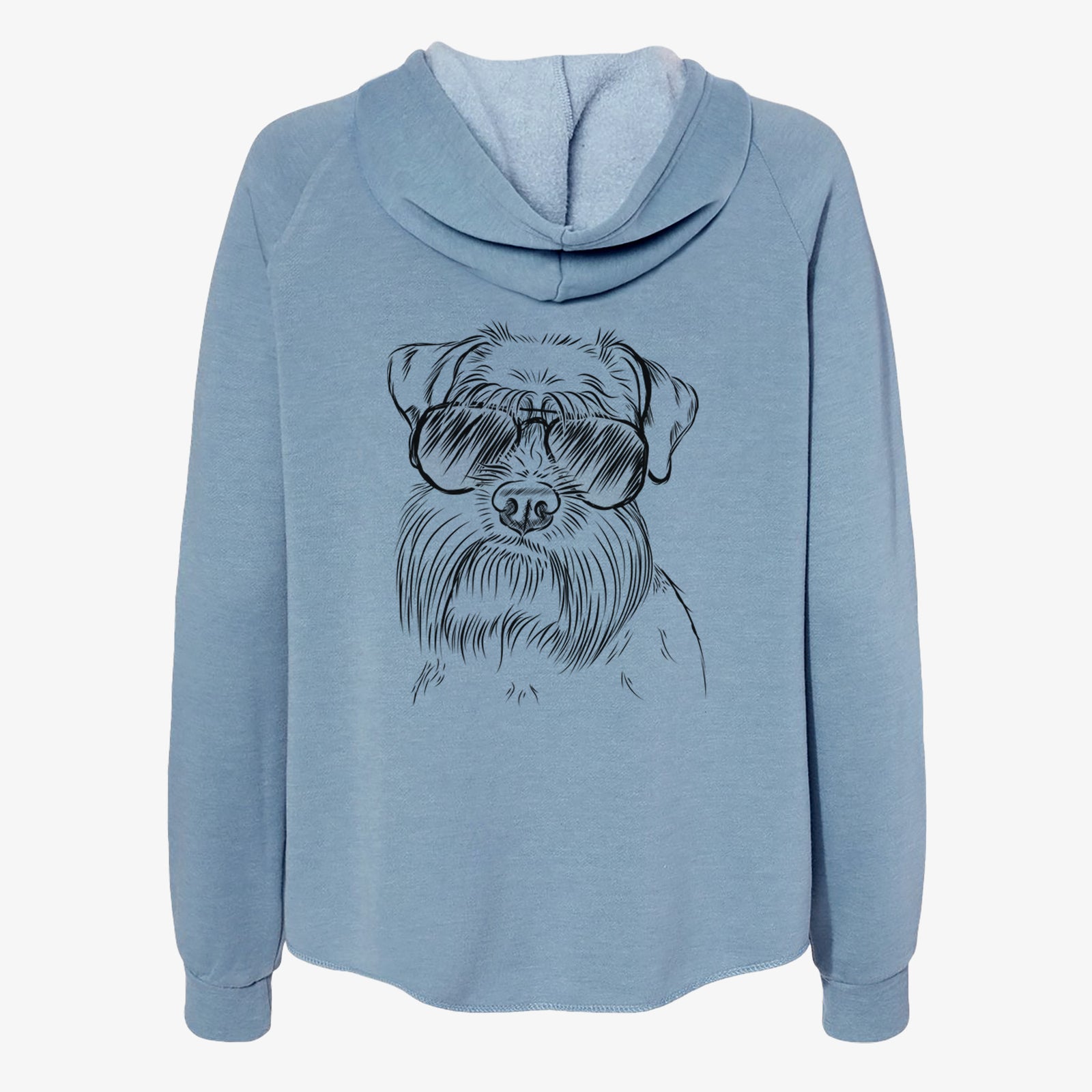 Hand-drawn sketch of Wrigley the Schnauzer wearing aviator sunglasses on a Misty Blue Women's cali wave zip-up sweatshirt