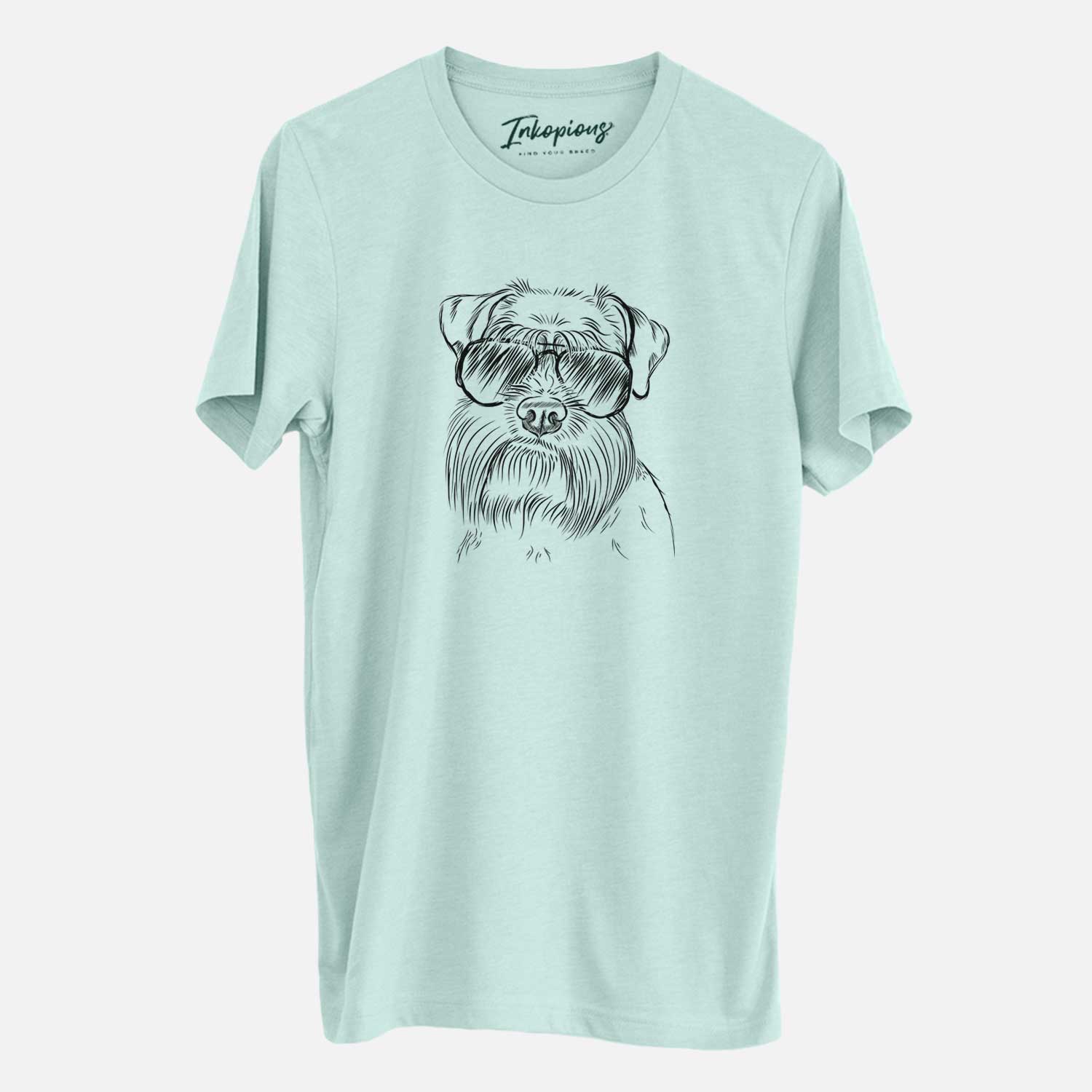 Hand-drawn sketch of Wrigley the Schnauzer wearing aviator sunglasses on a Heather Sage Unisex crewneck