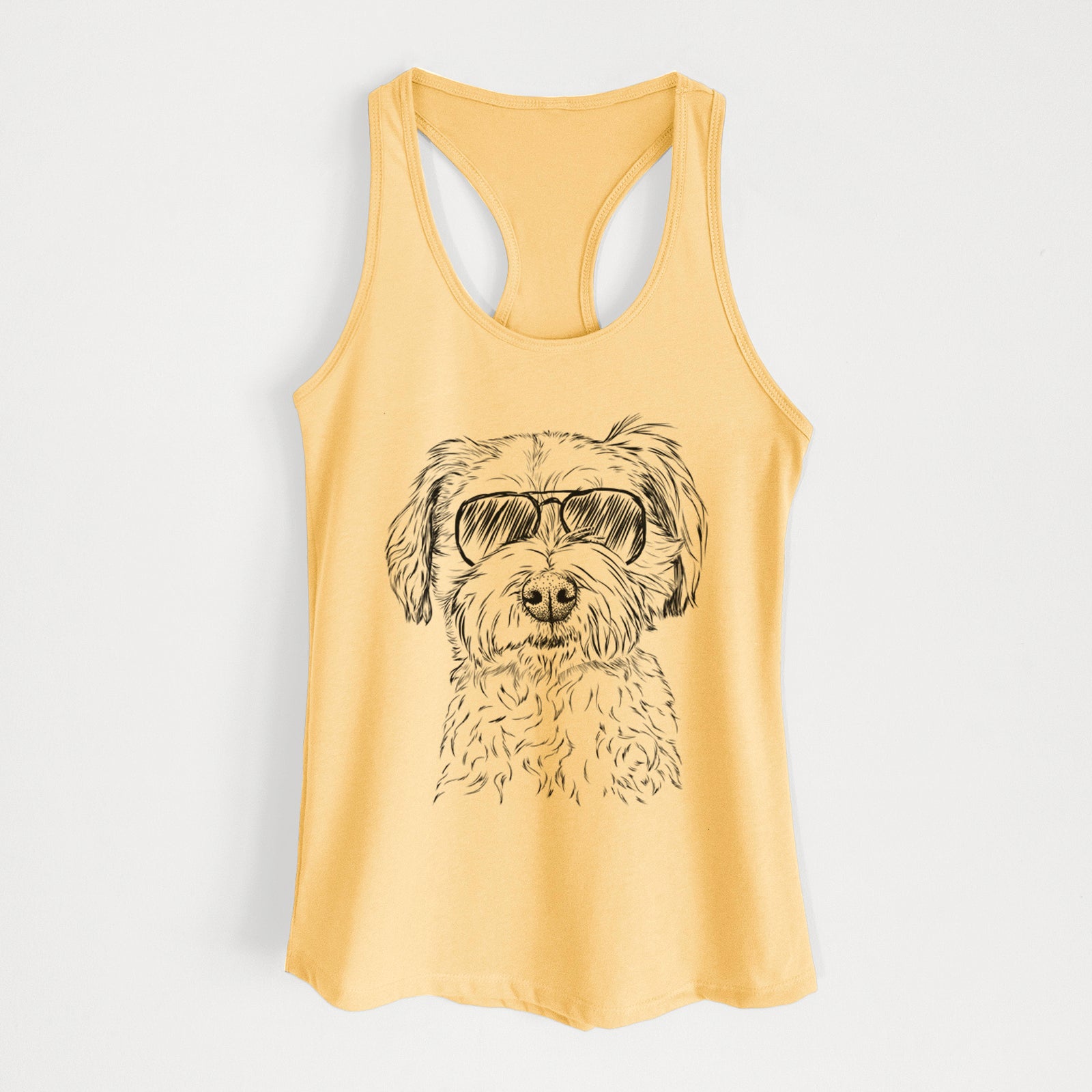 Hand-drawn sketch of Wyatt the Coton de Tulear wearing aviator sunglasses on a Banana Cream Women's racerback tanktop