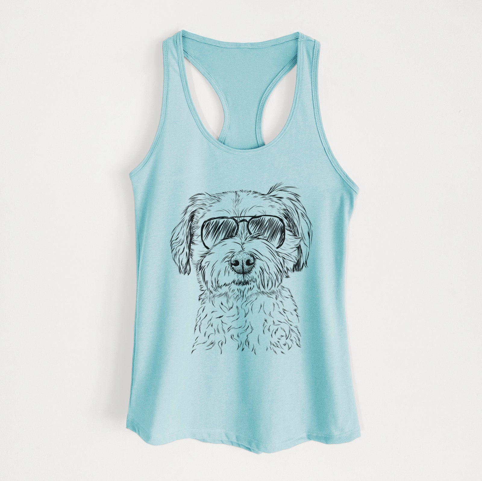 Hand-drawn sketch of Wyatt the Coton de Tulear wearing aviator sunglasses on a Cancun Blue Women's racerback tanktop