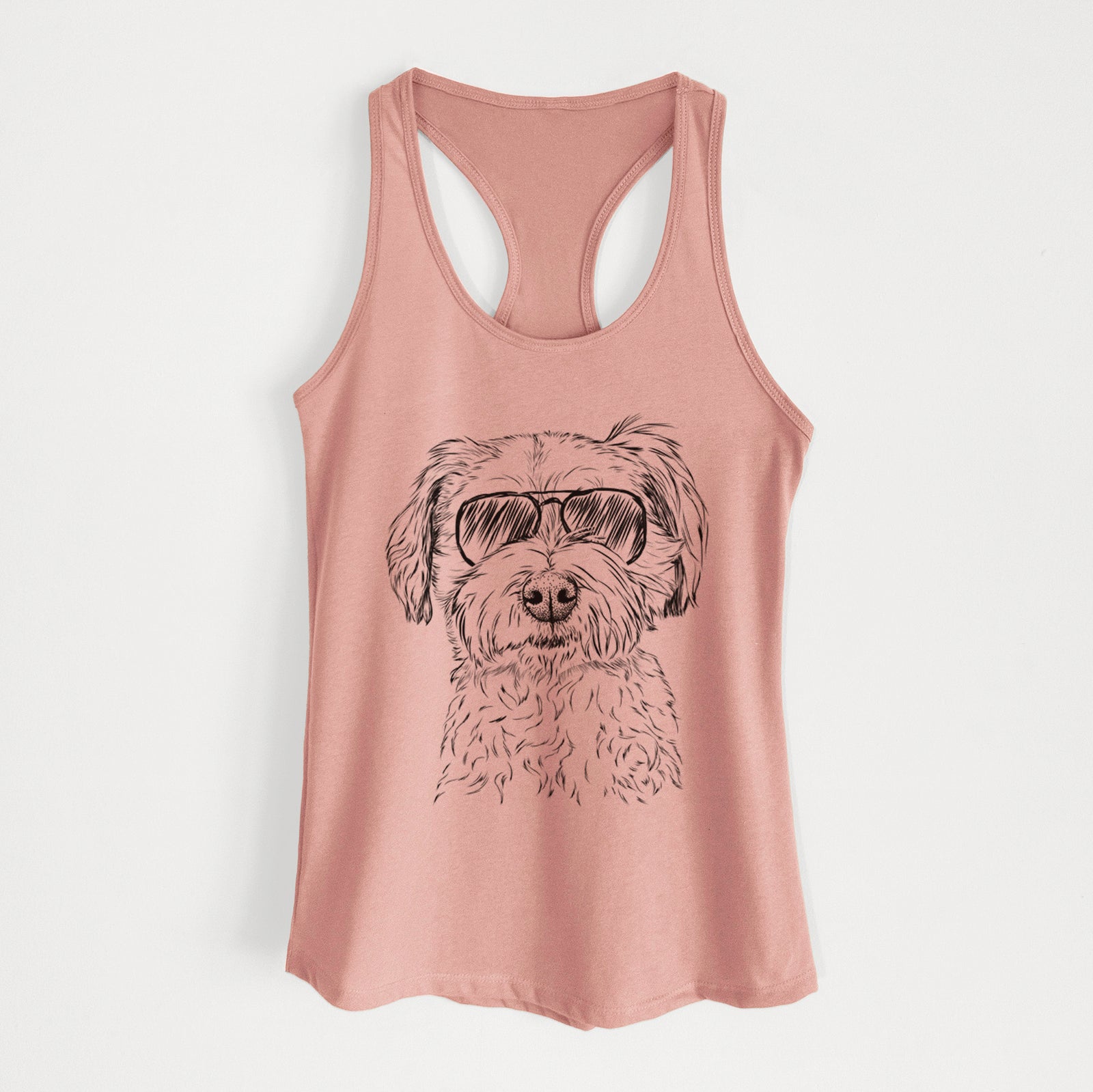 Hand-drawn sketch of Wyatt the Coton de Tulear wearing aviator sunglasses on a Desert Pink Women's racerback tanktop
