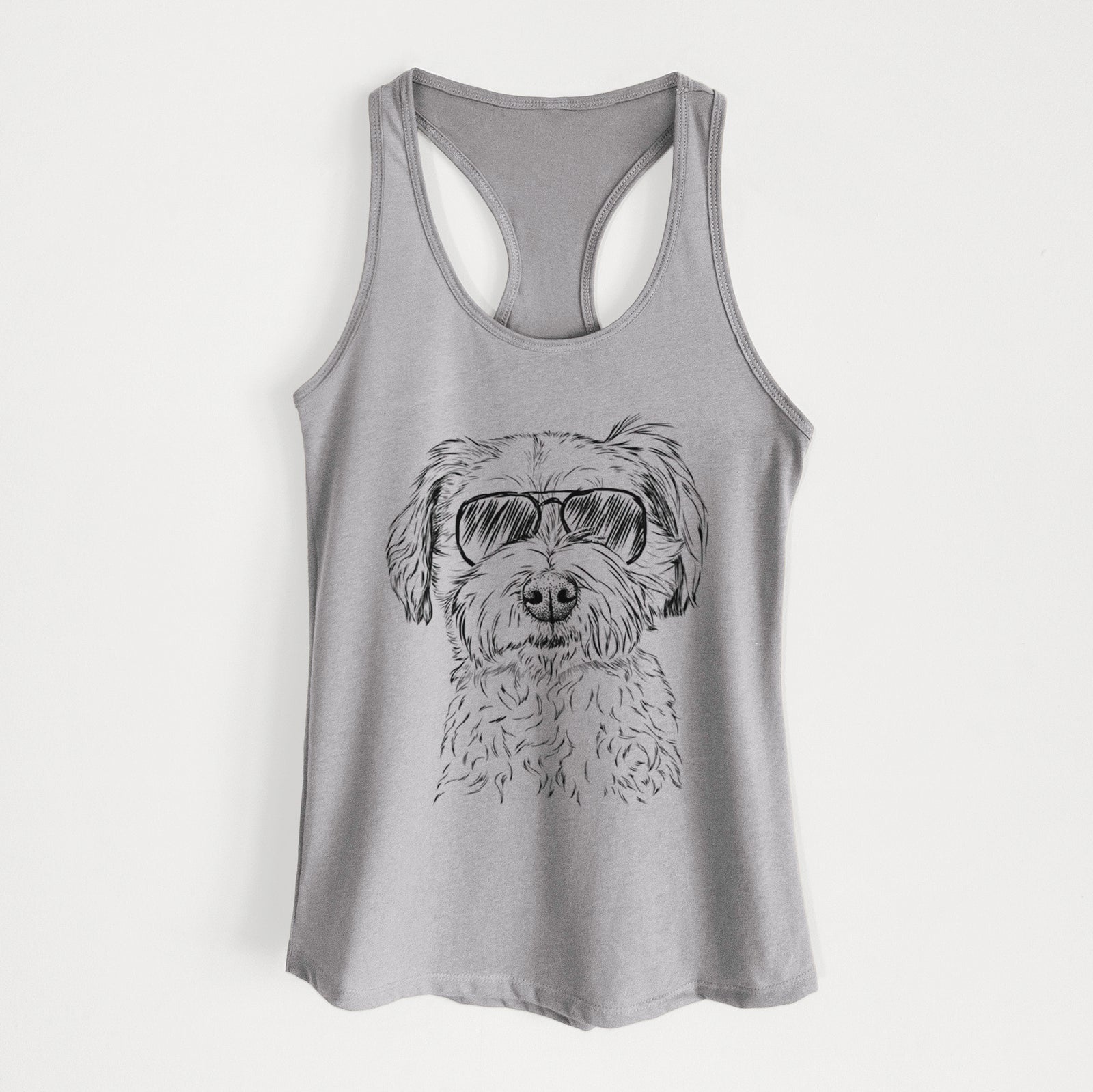 Hand-drawn sketch of Wyatt the Coton de Tulear wearing aviator sunglasses on a Heather Grey Women's racerback tanktop
