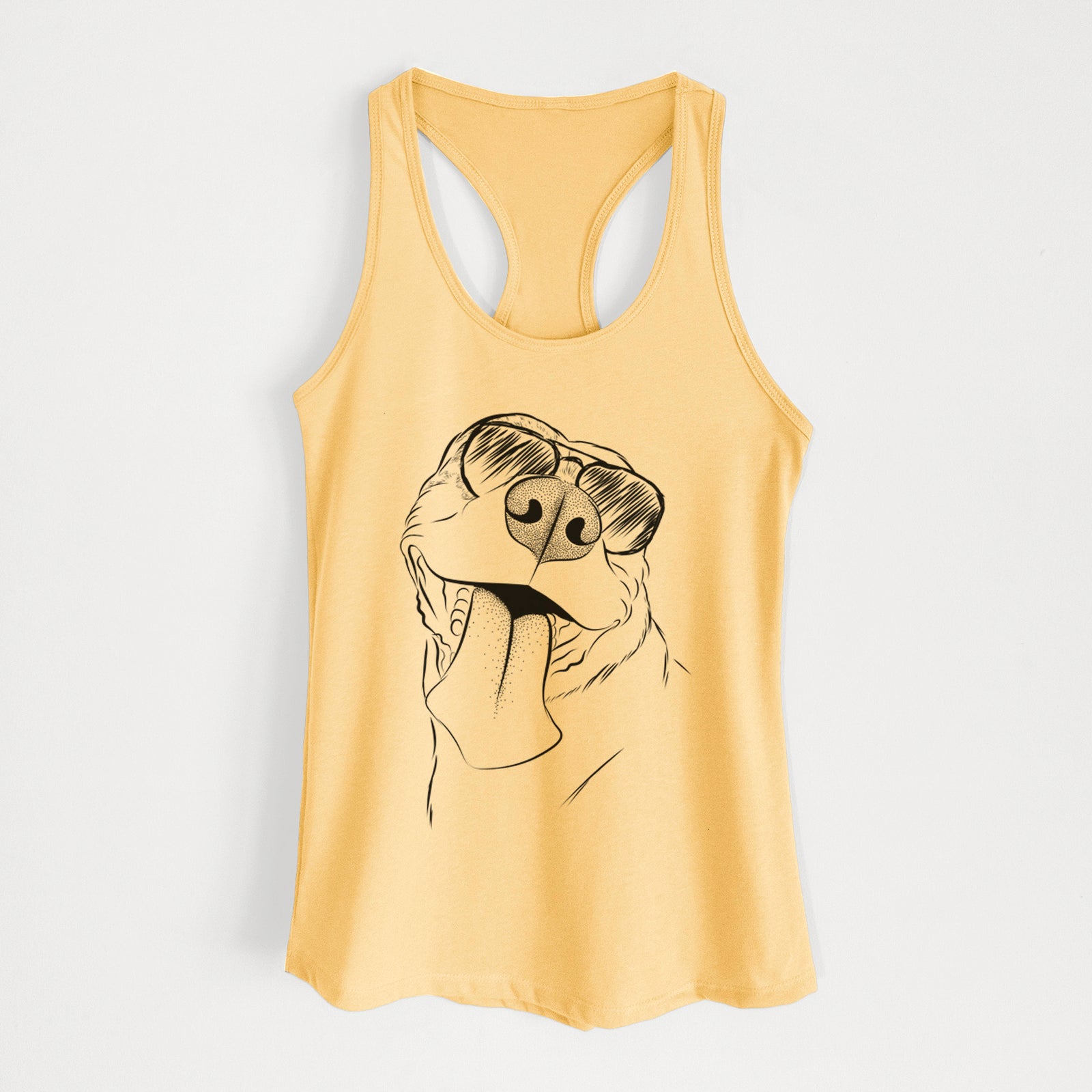 Hand-drawn sketch of Xena the American Staffordshire Terrier wearing aviator sunglasses on a Banana Cream Women's racerback tanktop