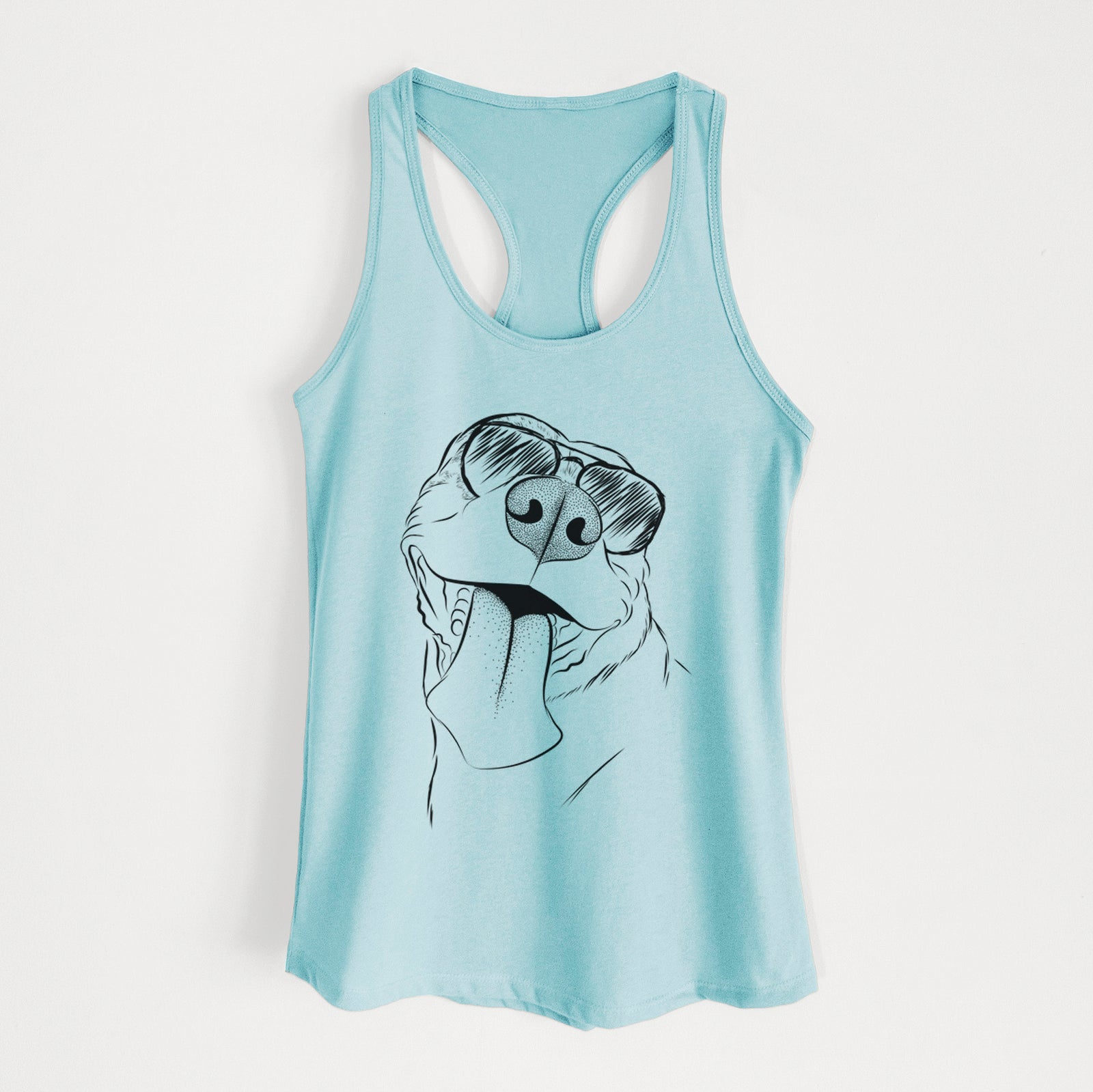 Hand-drawn sketch of Xena the American Staffordshire Terrier wearing aviator sunglasses on a Cancun Blue Women's racerback tanktop