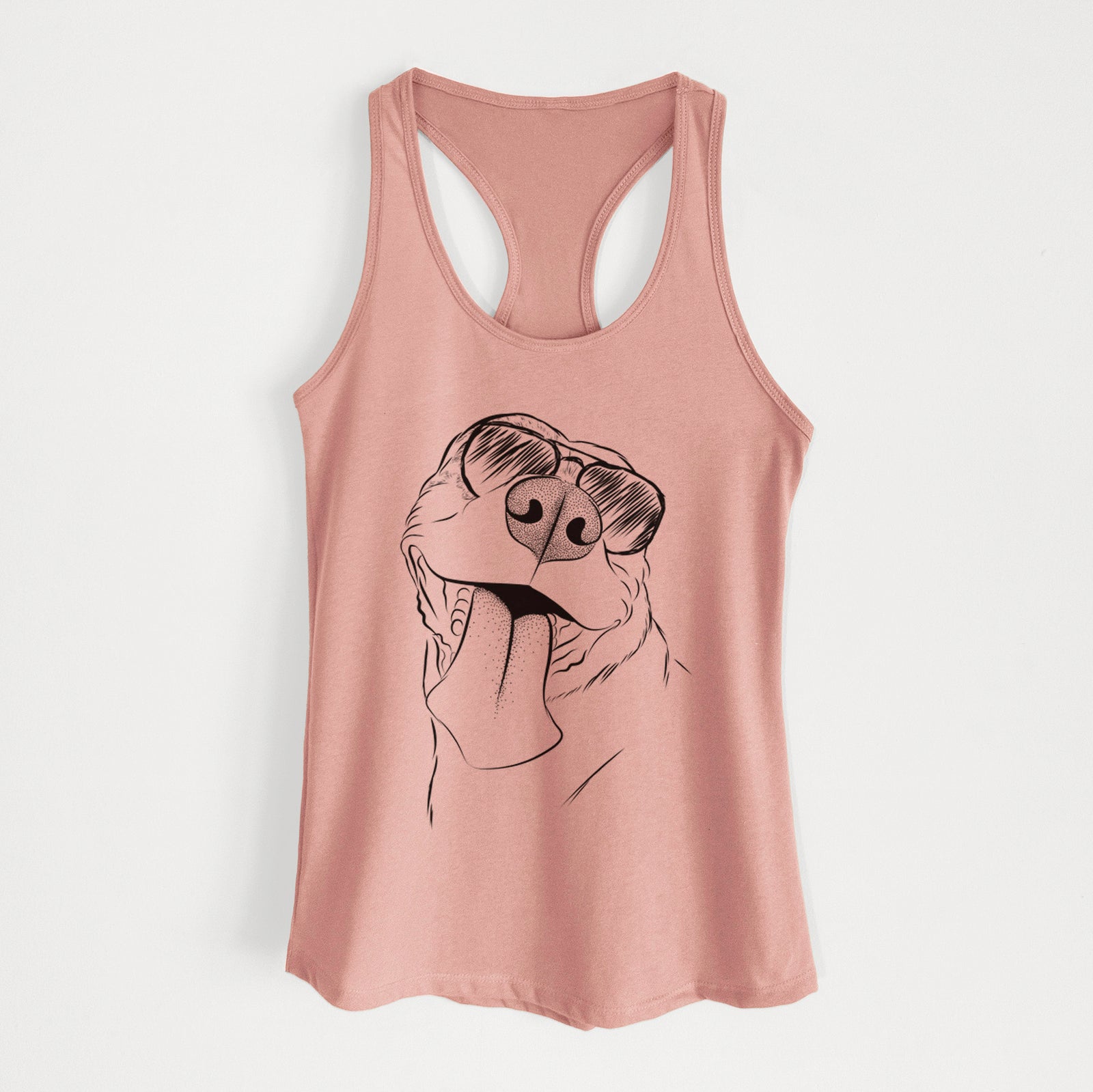 Hand-drawn sketch of Xena the American Staffordshire Terrier wearing aviator sunglasses on a Desert Pink Women's racerback tanktop